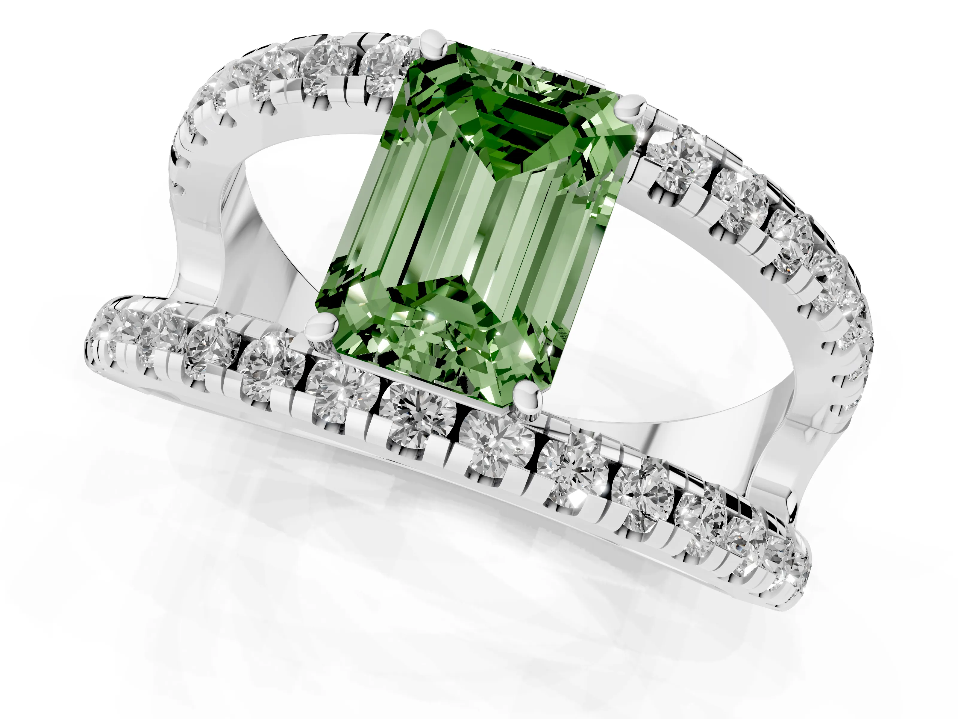 Fancy Green Emerald Cut Diamond Split Shank Pavé Solitaire Ring Set in Silver with Open Shank Design