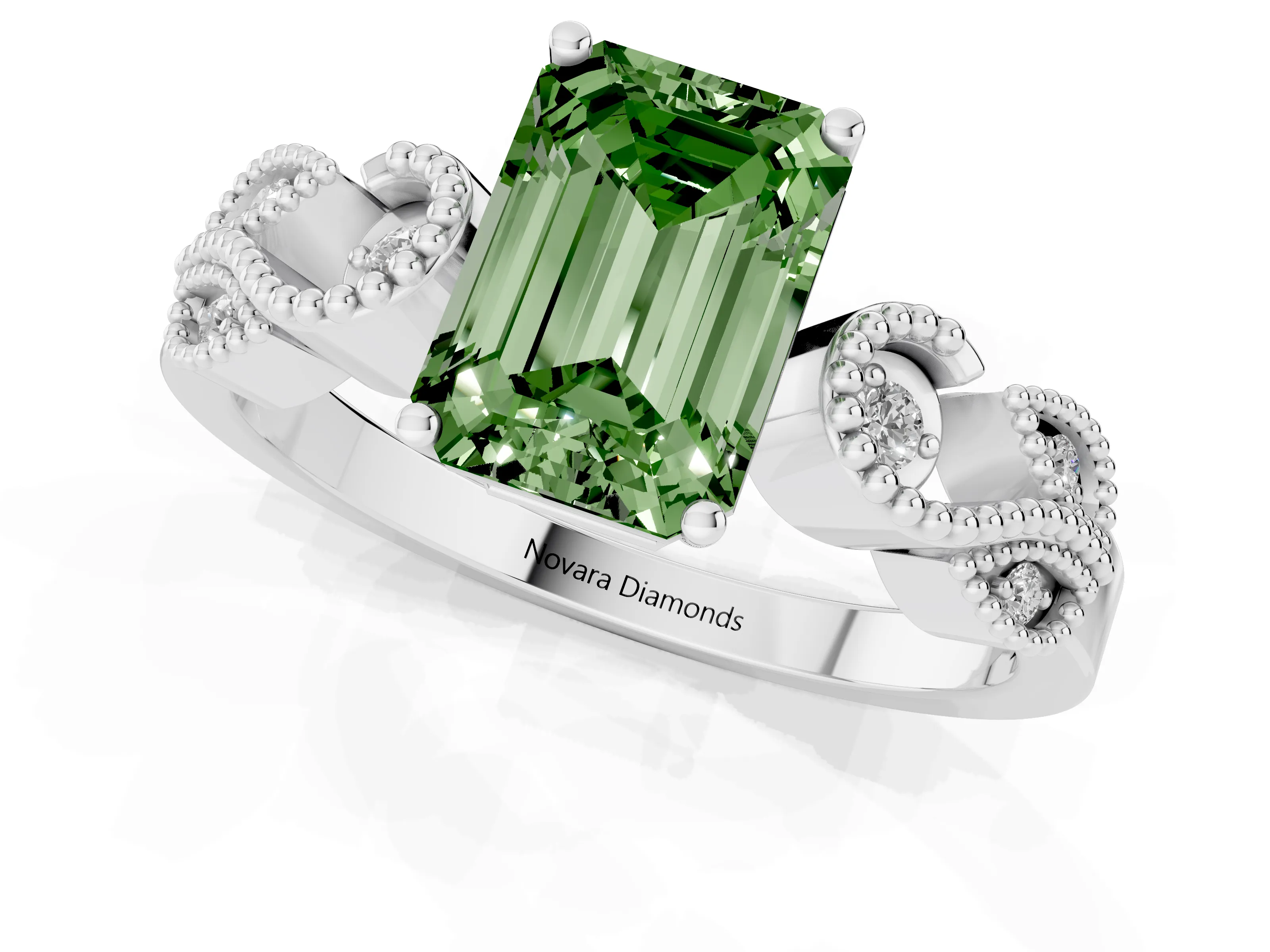 Fancy Green Emerald Cut Diamond Milgrain Leaf Band Solitaire Ring Set in White gold with Accent Stones and Prong Setting