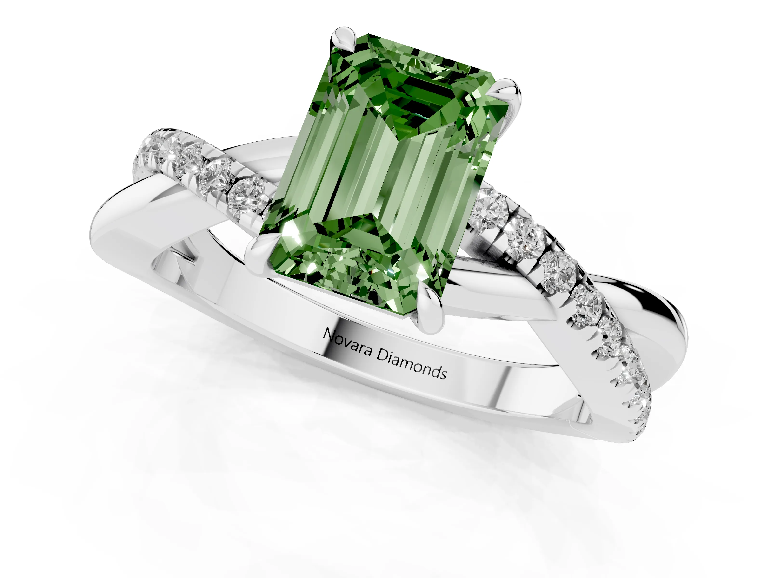 Fancy Green Emerald Cut Diamond Twisted Pavé Band Ring Set in Silver with Prong Setting