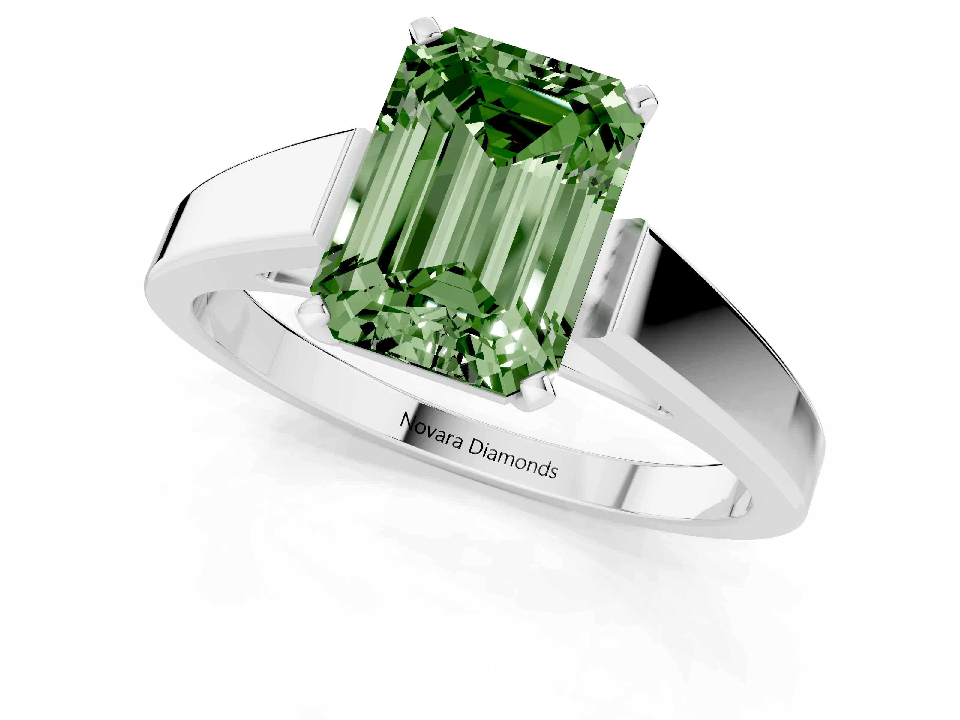 Fancy Green Emerald Cut Diamond Solitaire Engagement Ring Set in Platinum with Prong Setting and Tapered Band