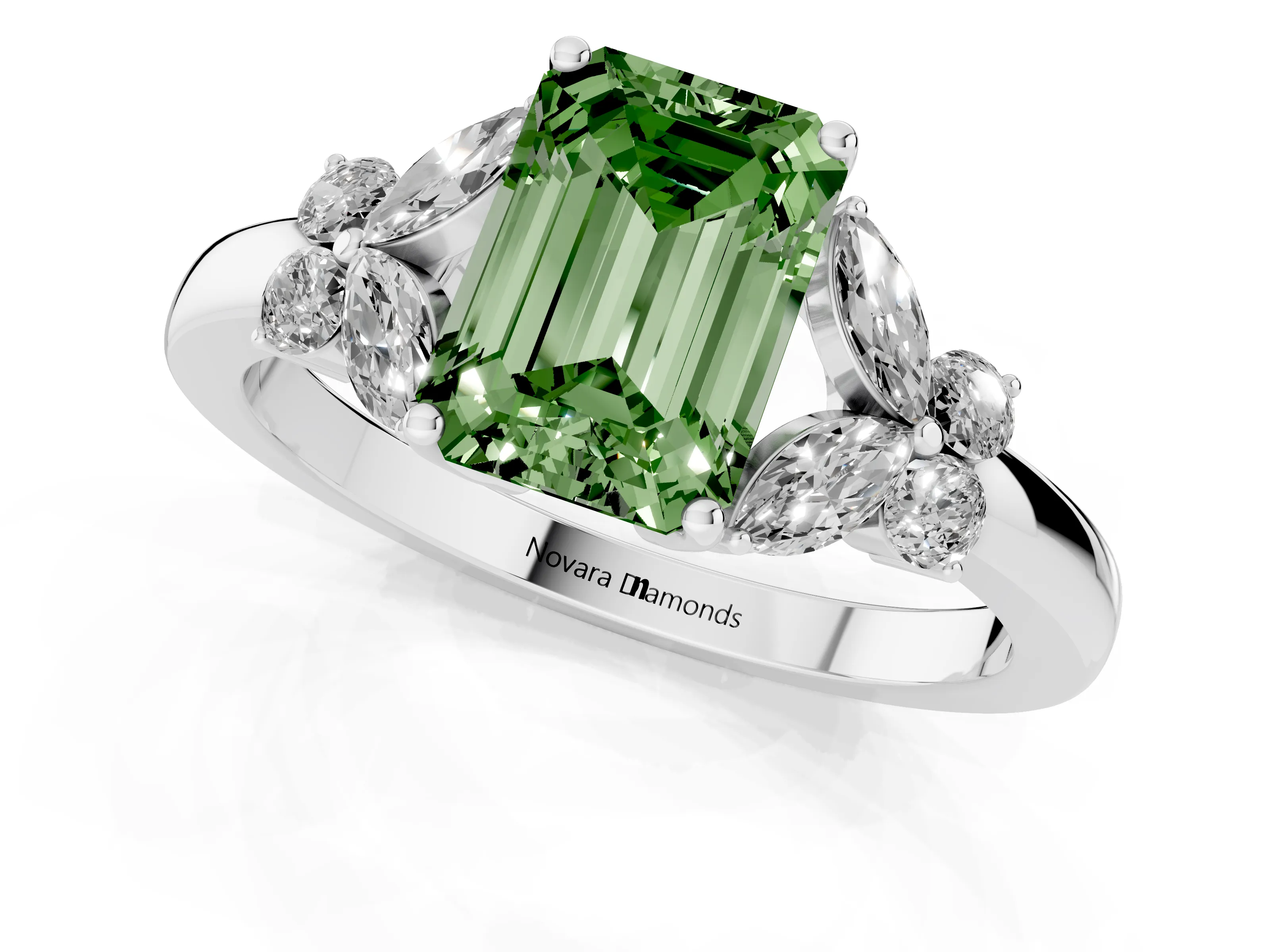 Fancy Green Emerald Cut Diamond Solitaire Floral Ring Set in Platinum with Marquise Petals and Prong Setting