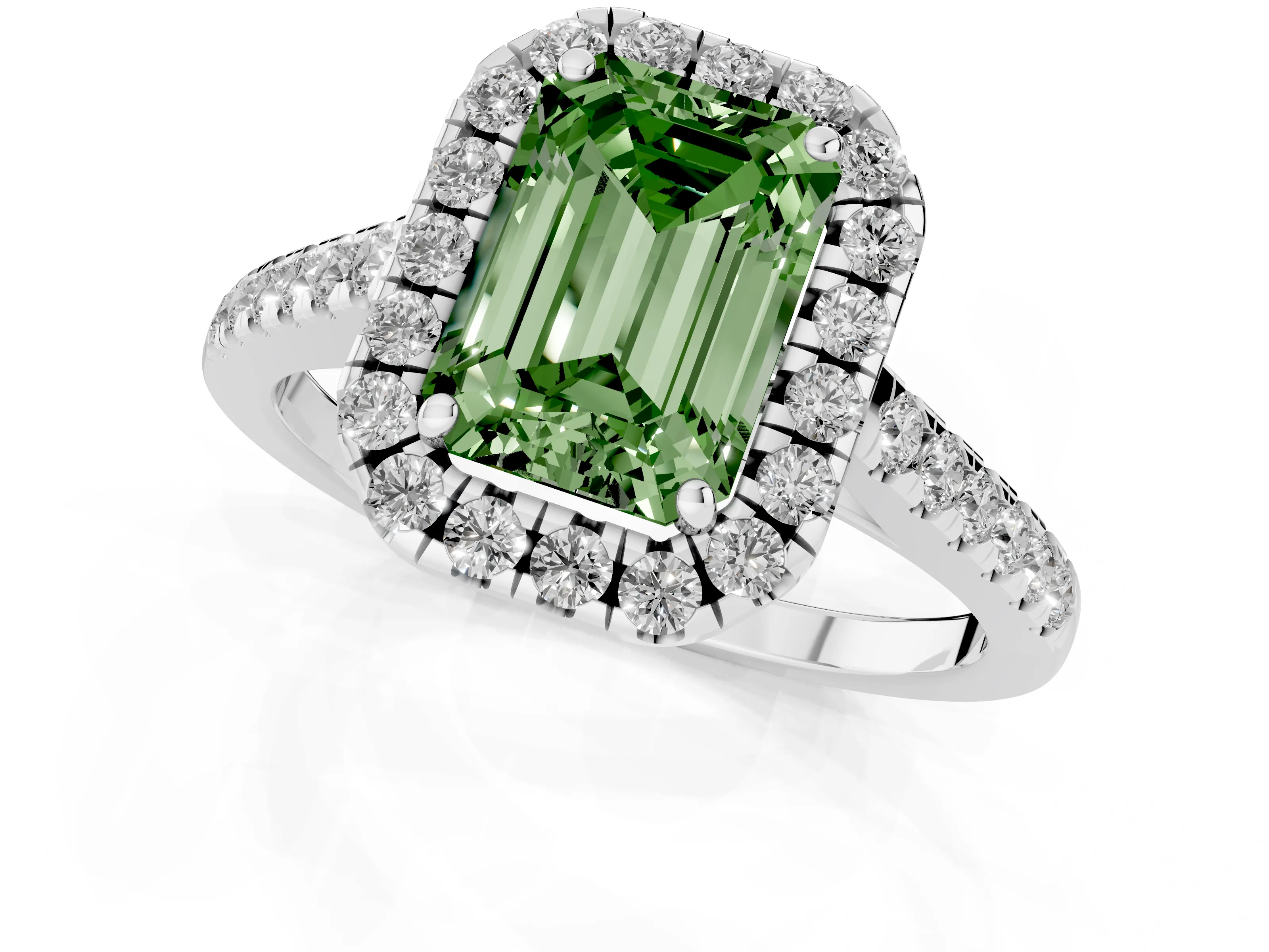 Fancy Green Emerald Cut Diamond Halo Pavé Engagement Ring Set in White gold with Prong Setting