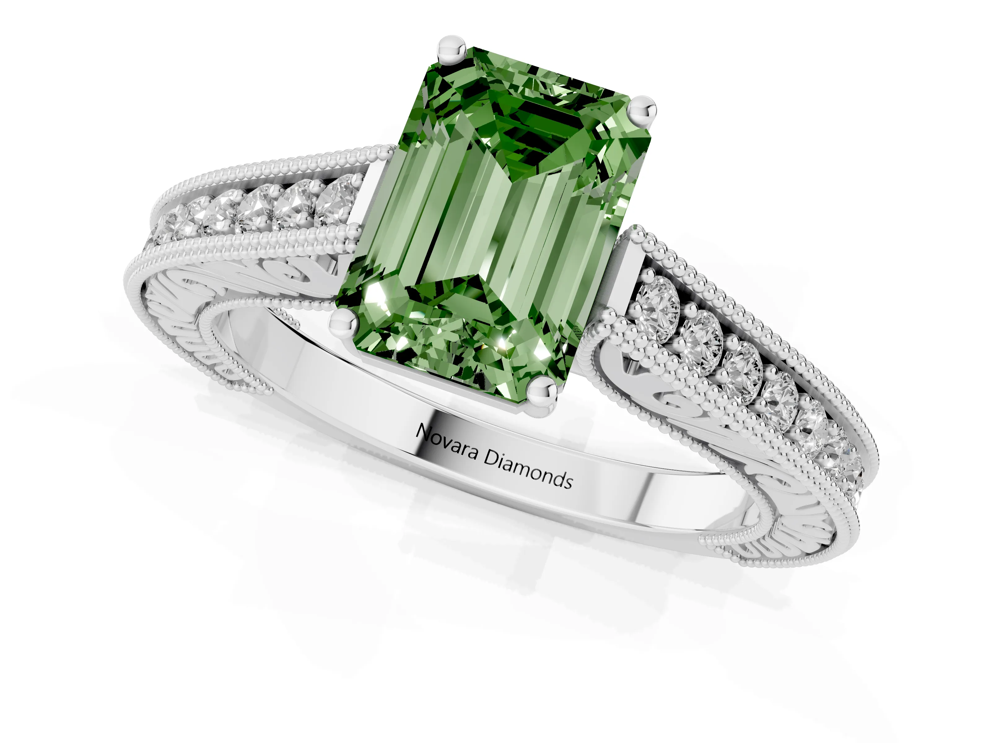 Fancy Green Emerald Cut Diamond Milgrain Pavé Band Solitaire Ring Set in Silver with Prong Setting