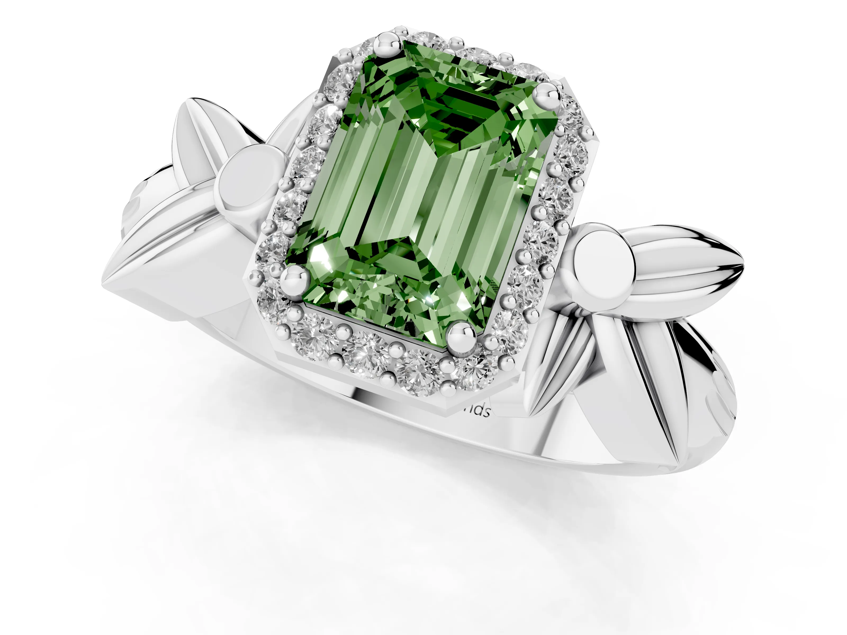 Fancy Green Emerald Cut Diamond Halo Floral Band Ring Set in White gold with Prong Setting