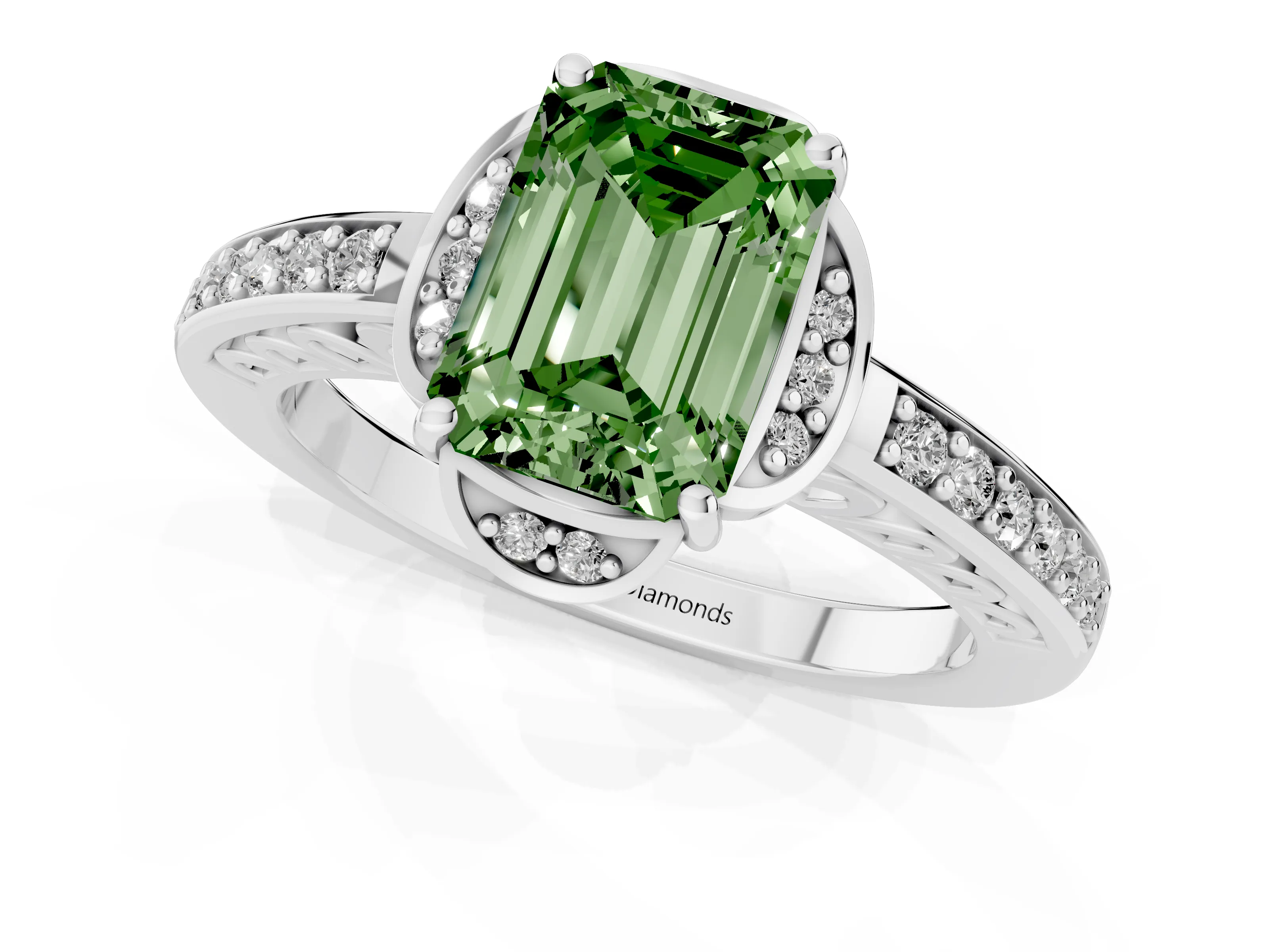 Fancy Green Emerald Cut Diamond Halo Ring Set in Platinum with Channel Set Band and Prong Setting – second view