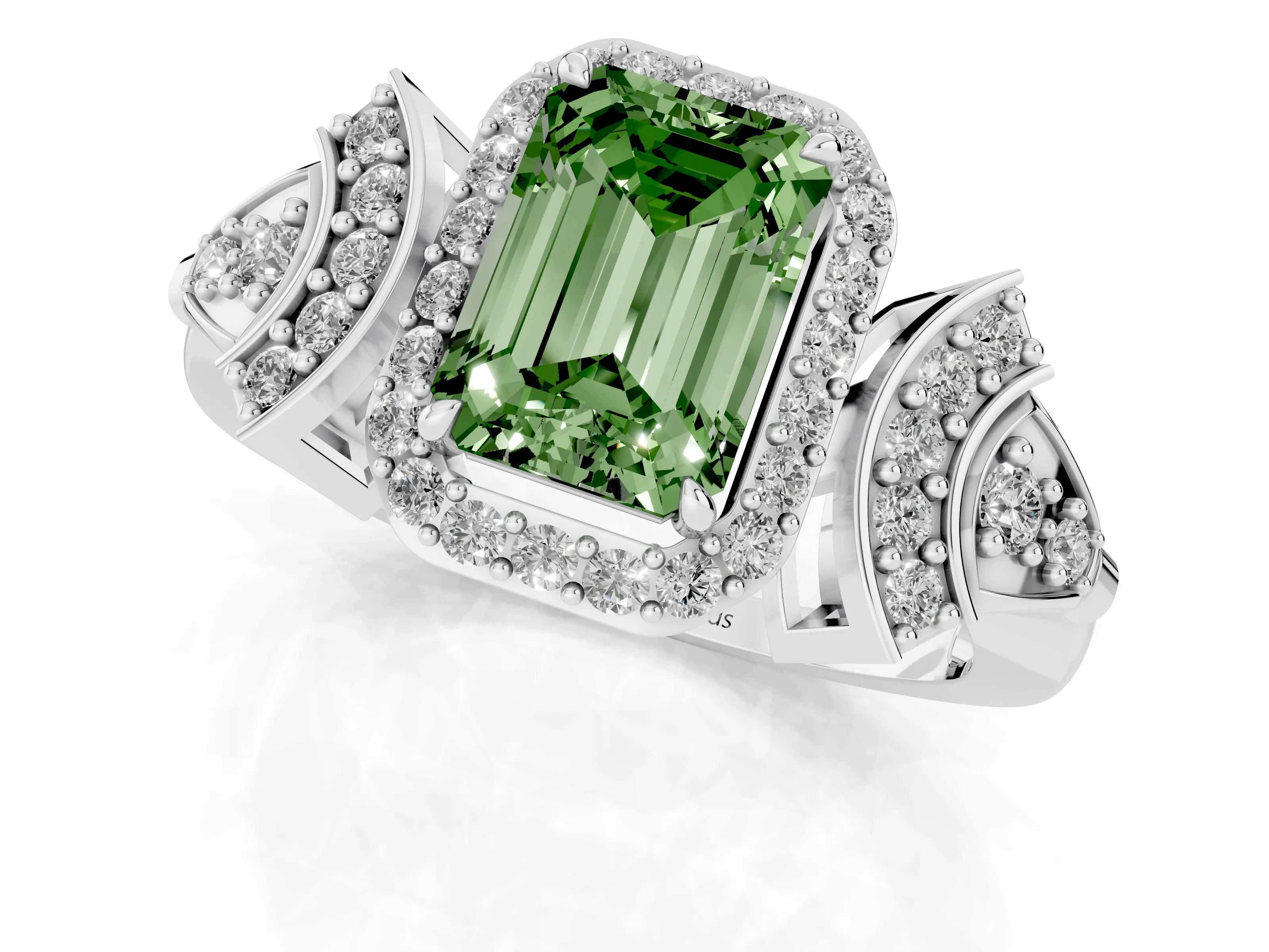 Fancy Green Emerald Cut Diamond Halo Engagement Ring Set in White gold with Accent Stone Split Shank