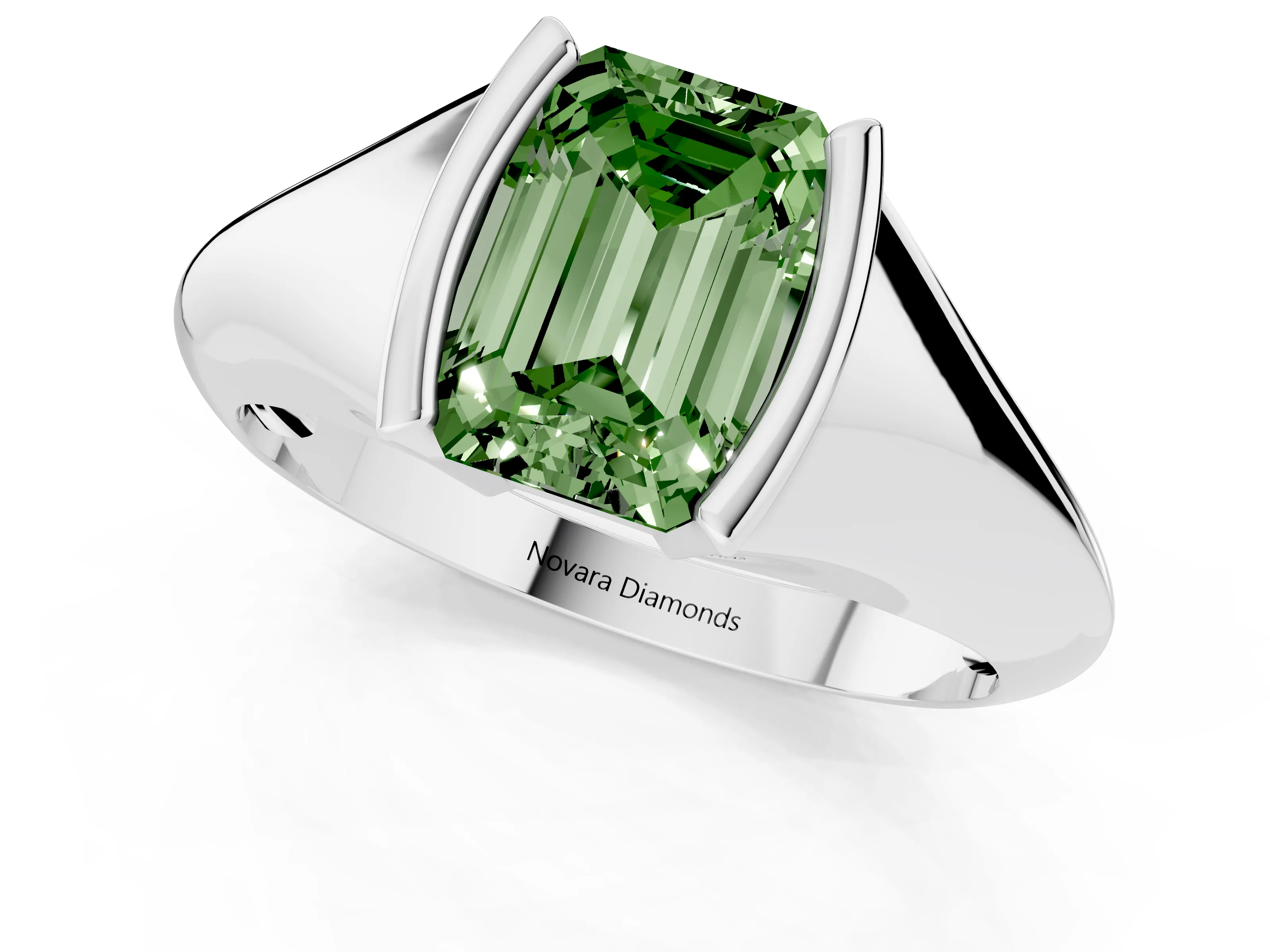 Fancy Green Emerald Cut Diamond Solitaire Tension Set Ring Set in Platinum
