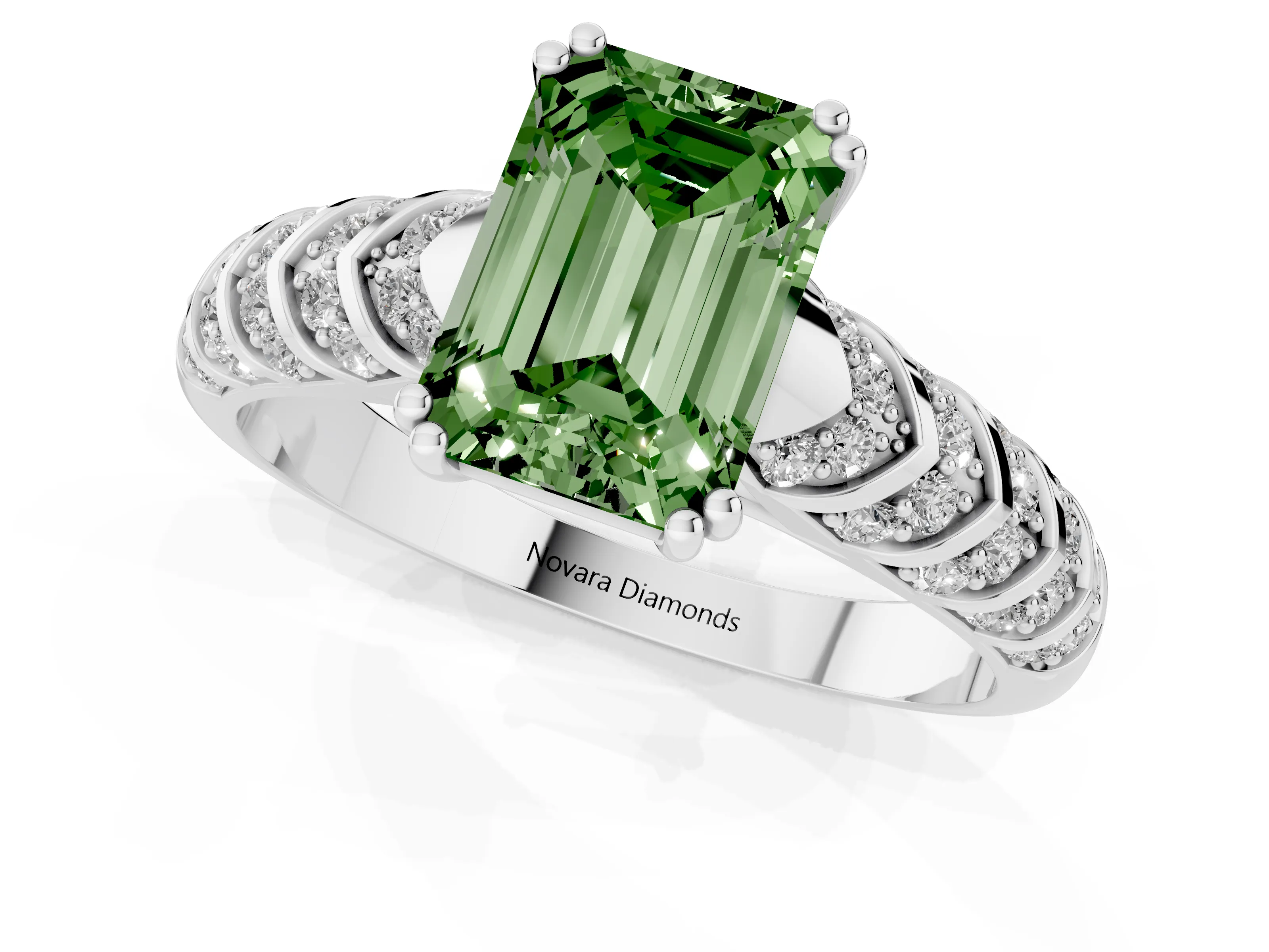 Fancy Green Emerald Cut Diamond Solitaire Chevron Pavé Engagement Ring Set in Silver with Prong Setting