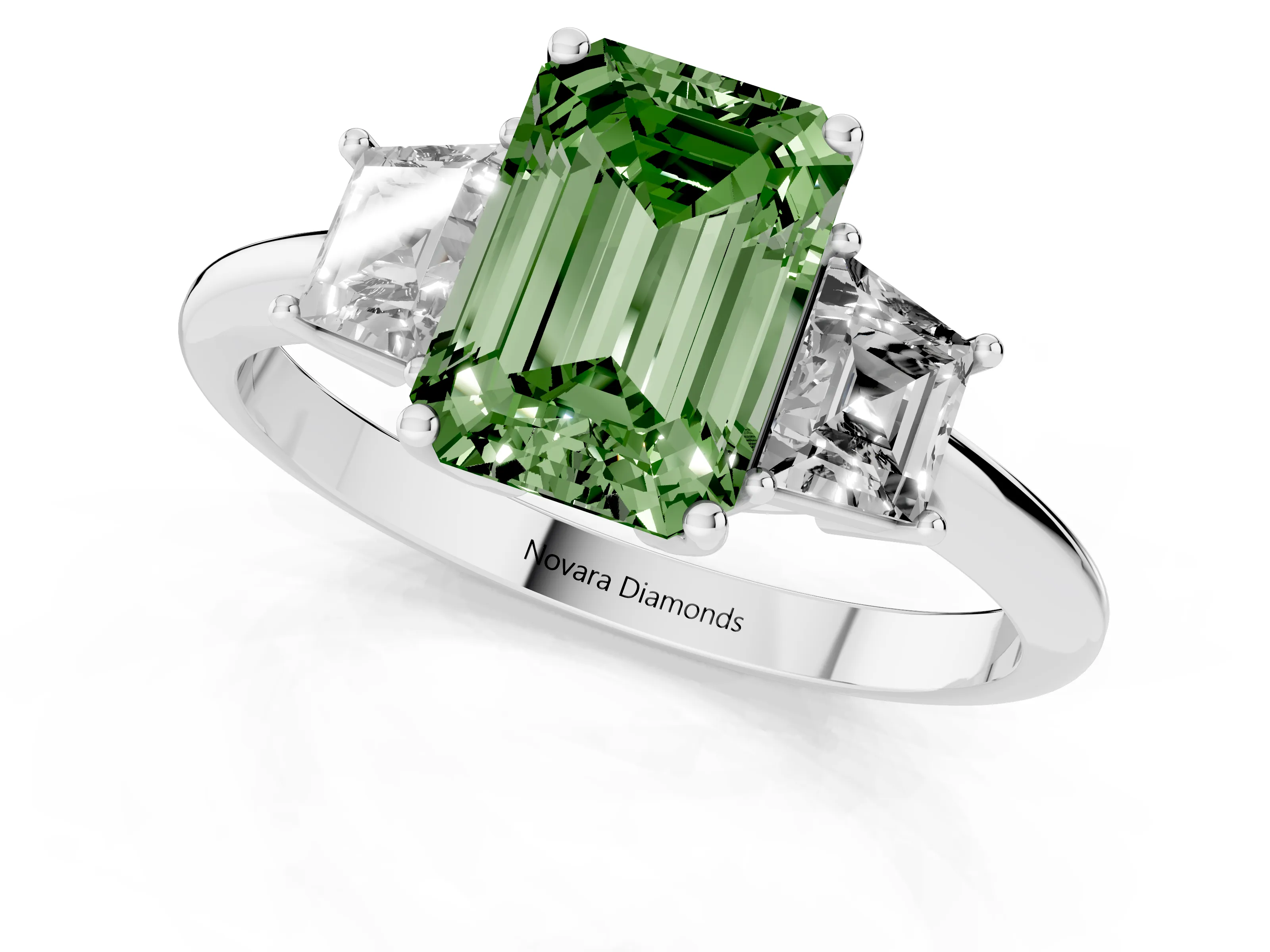 Fancy Green Emerald Cut Diamond Three-Stone Ring Set in Silver with Trapezoid Side Stones and Prong Setting
