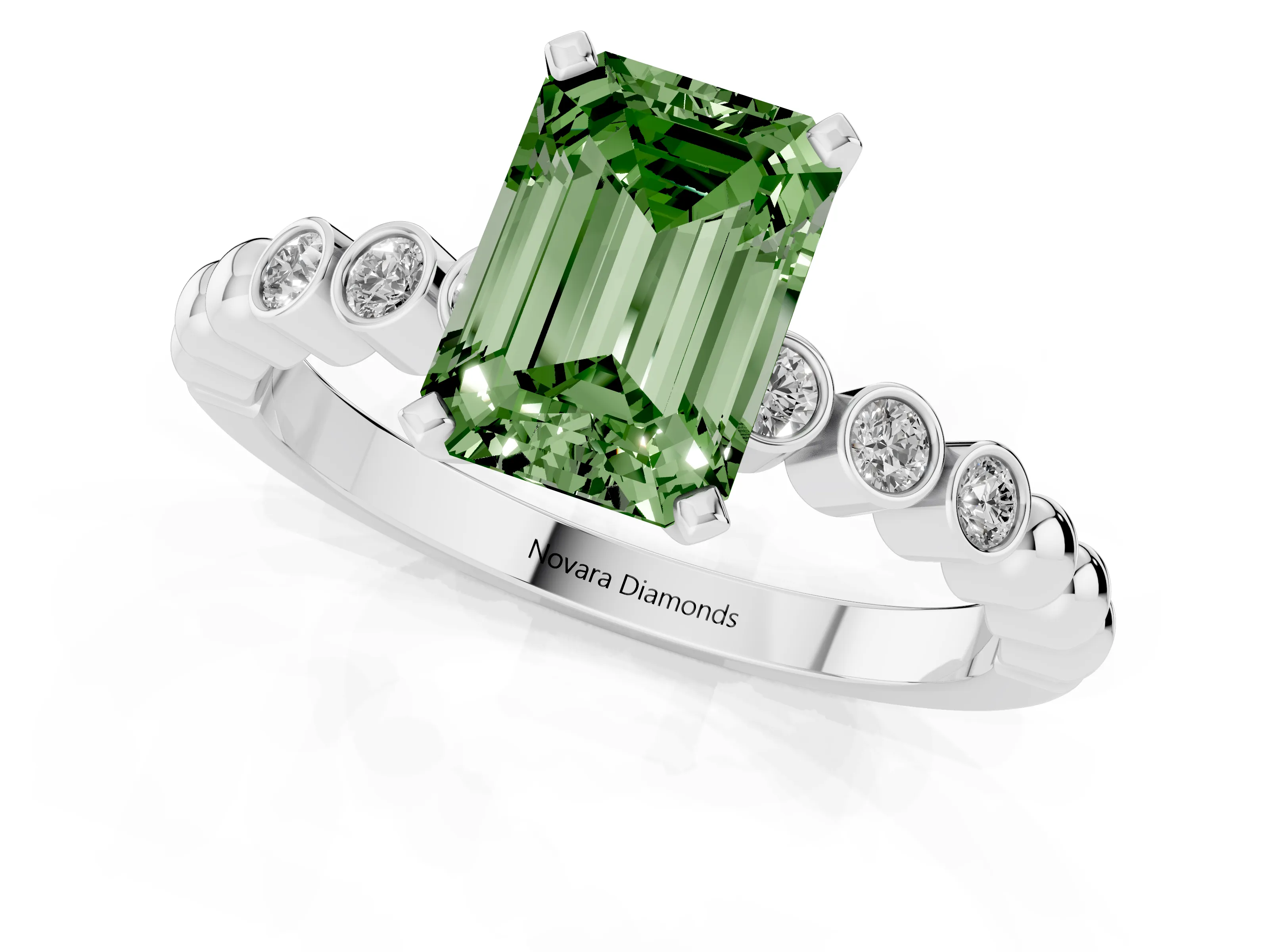 Fancy Green Emerald Cut Diamond Solitaire Engagement Ring Set in Platinum with Bezel Accents on Beaded Band
