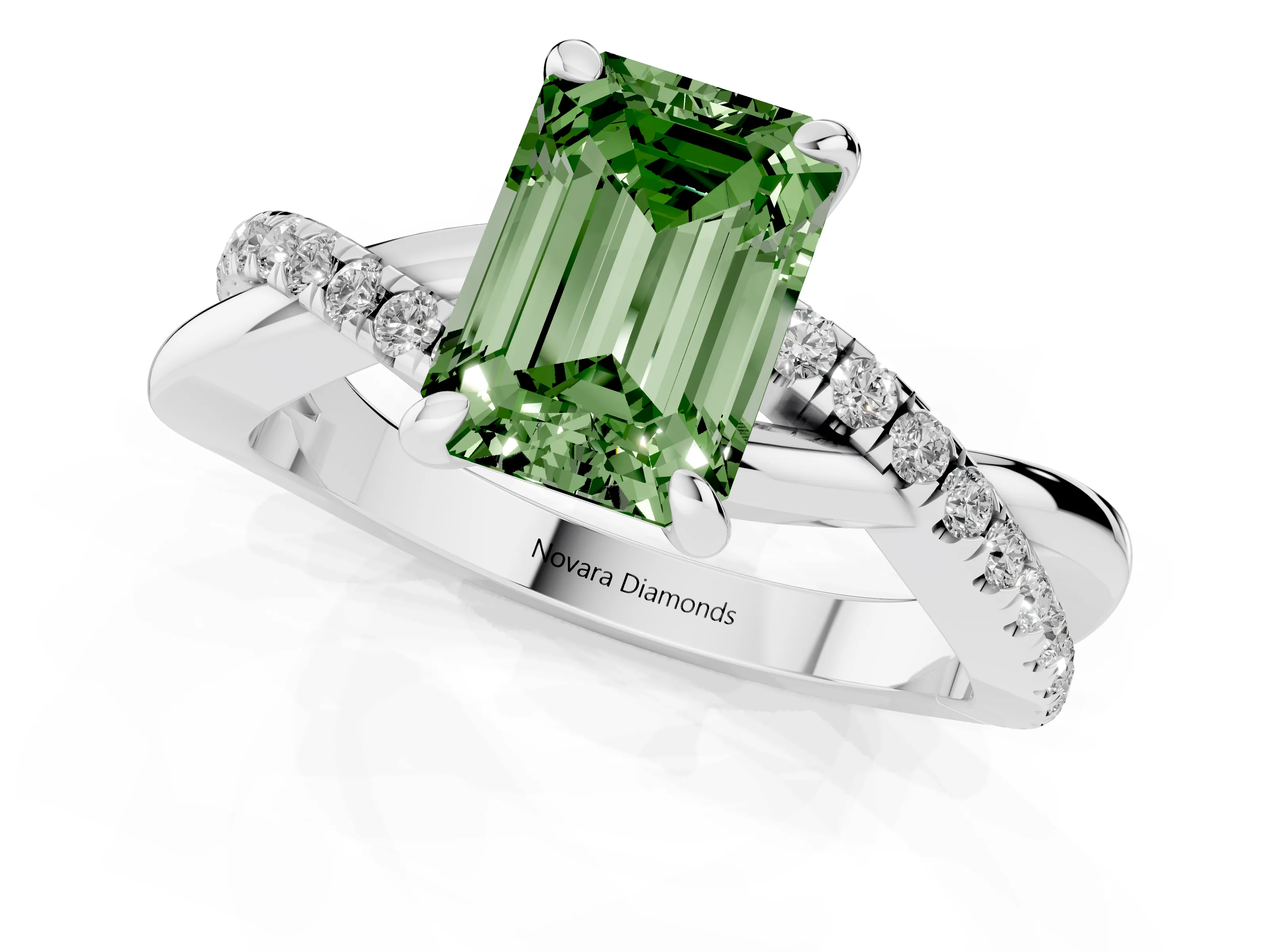 Fancy Green Emerald Cut Diamond Twist Band Solitaire Set in Platinum with Pavé Accents and Prong Setting