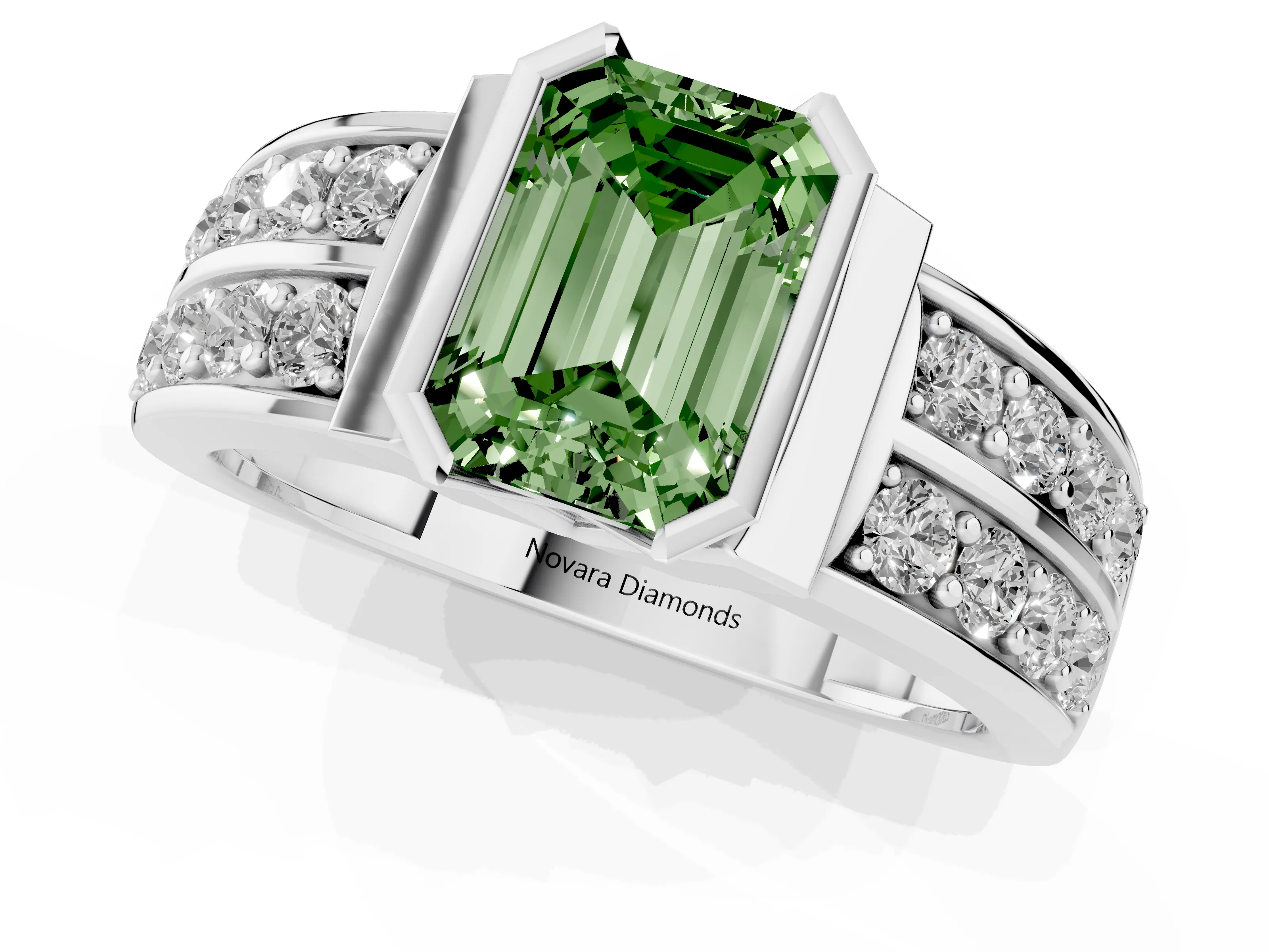 Fancy Green Emerald Cut Diamond Wide Channel Set Band Ring Set in Silver with Bezel Setting