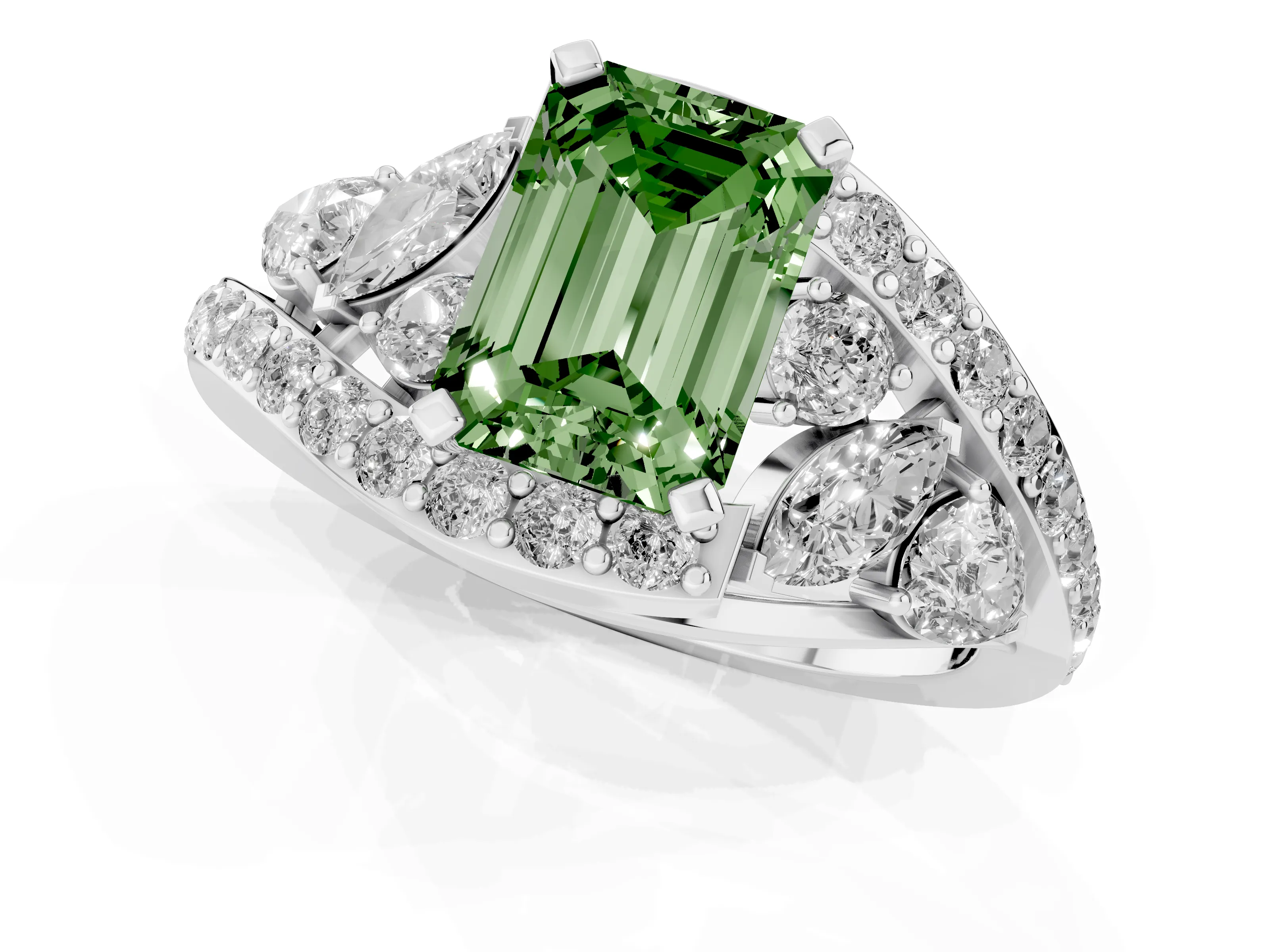 Fancy Green Emerald Cut Diamond Halo Ring Set in Platinum with Marquise and Pavé Band in Prong Setting