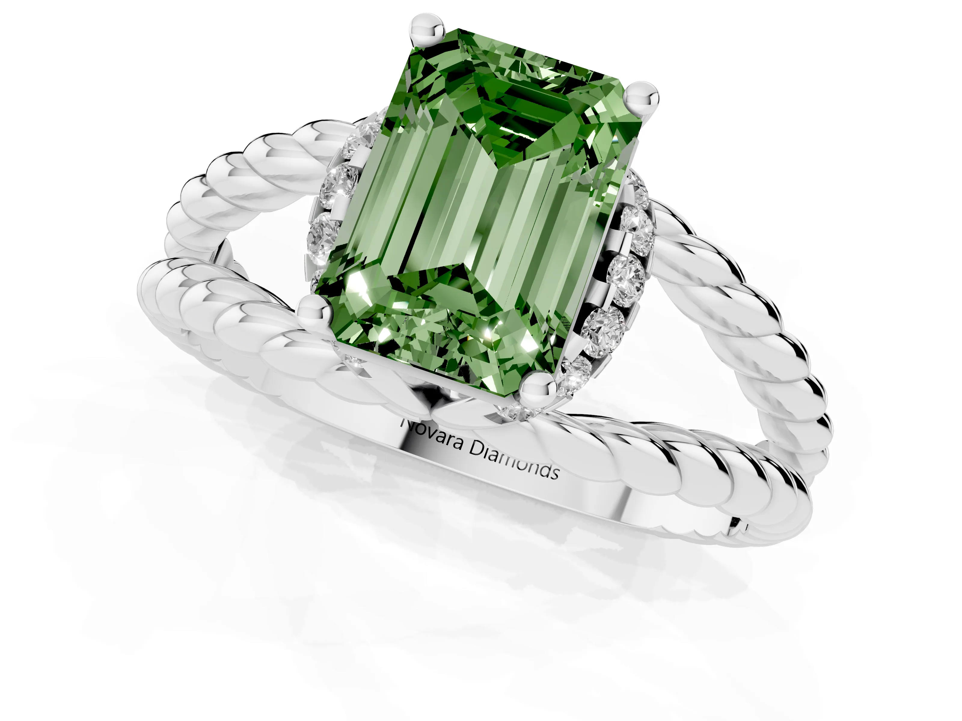 Fancy Green Emerald Cut Diamond Halo Ring Set in White gold with Twisted Band and Prong Setting