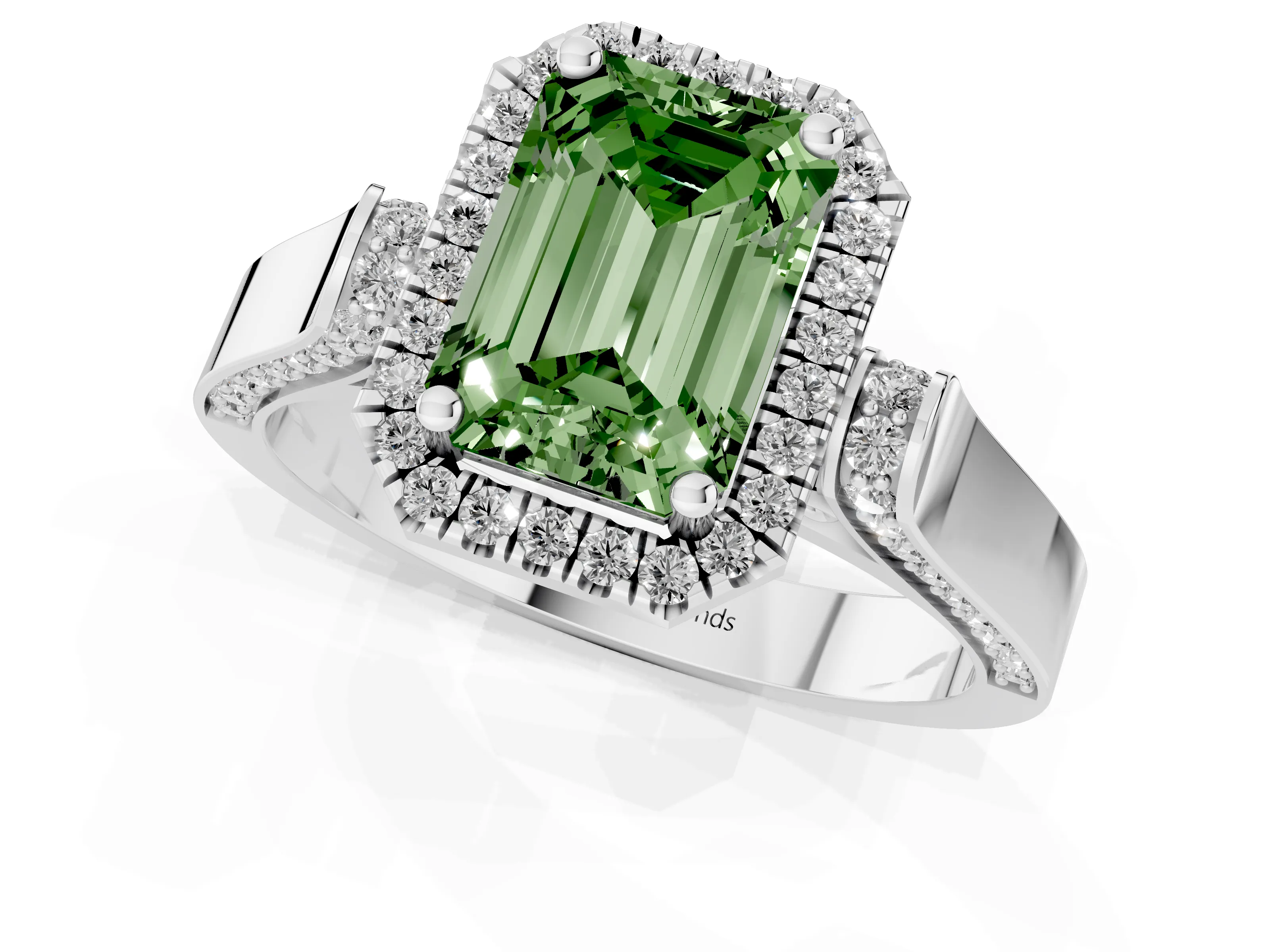 Fancy Green Emerald Cut Diamond Halo Ring Set in Platinum with Pavé-Lined Split Shank Band