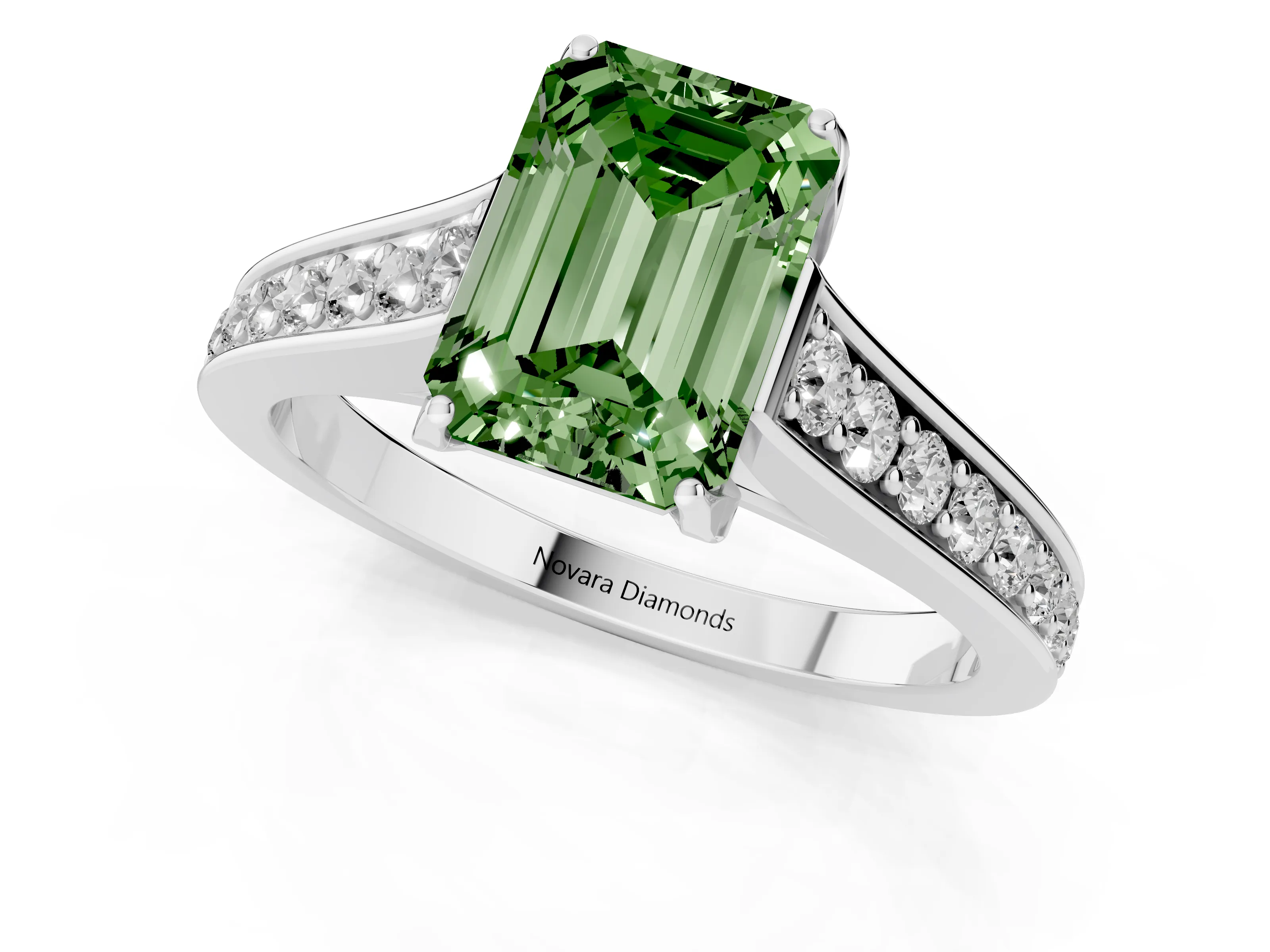 Fancy Green Emerald Cut Diamond Solitaire Pavé Engagement Ring Set in White gold with Prong Setting