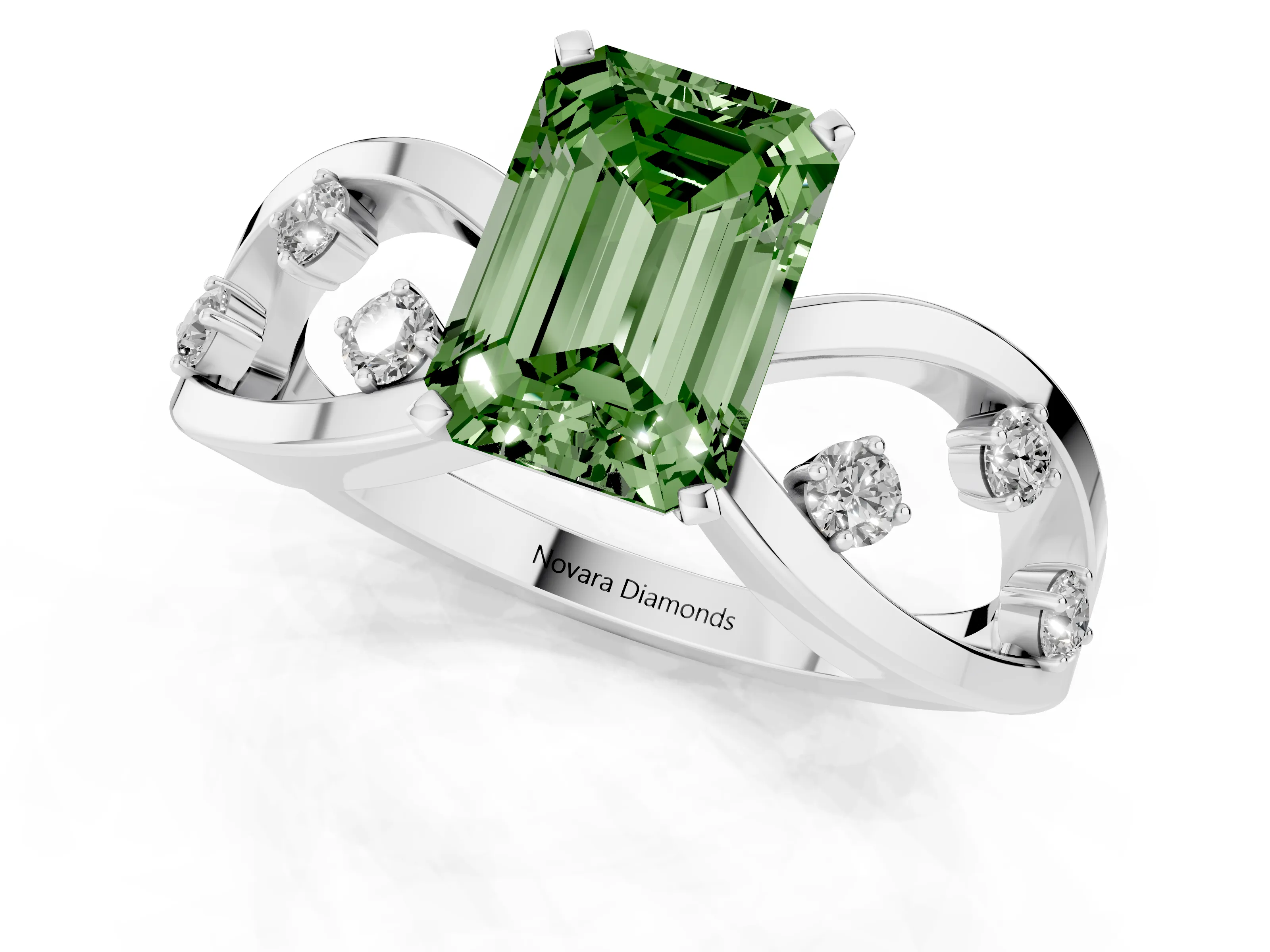 Fancy Green Emerald Cut Diamond Solitaire Ring Set in Platinum with Side Stones on Criss-Cross Band and Prong Setting
