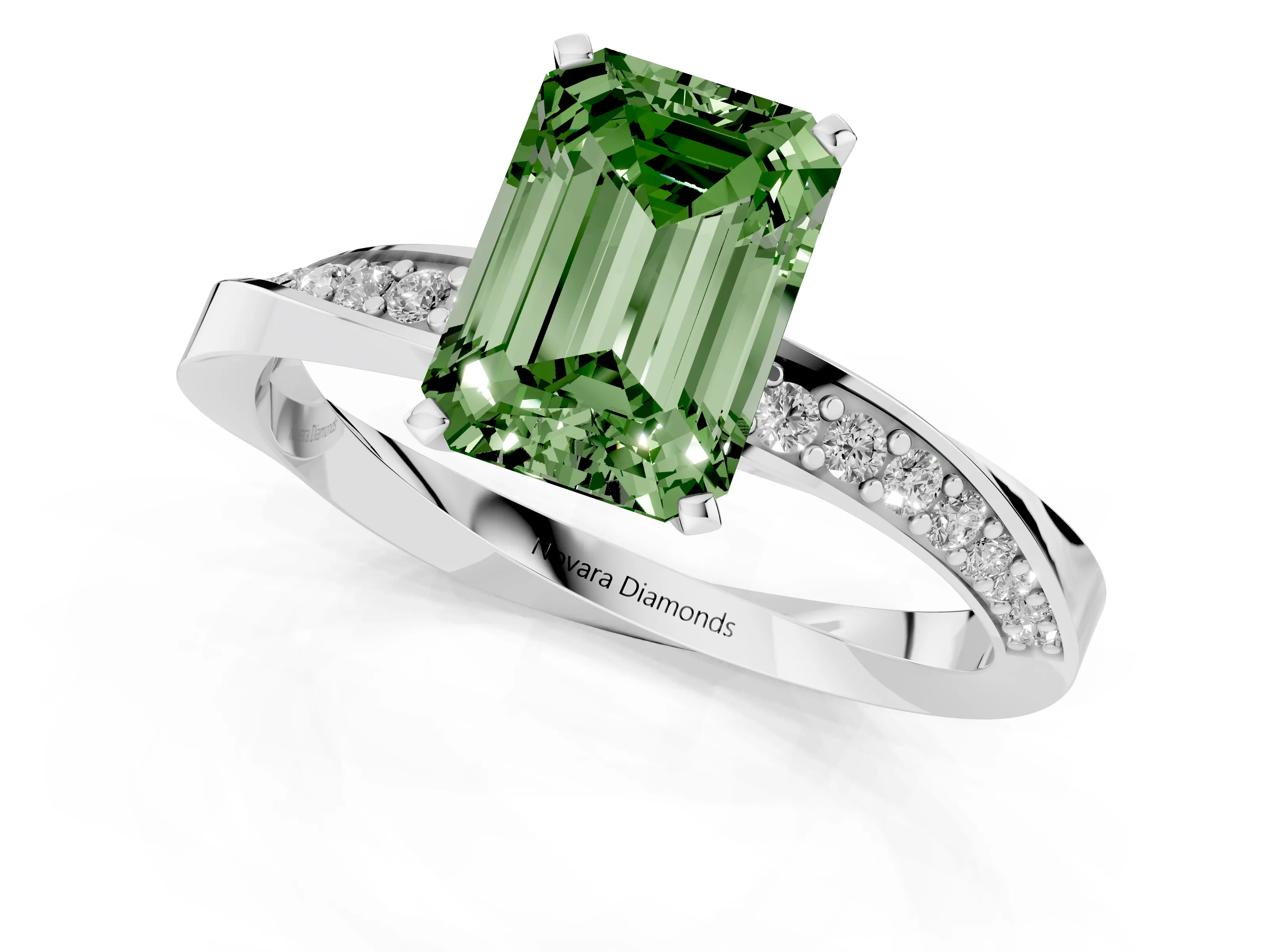 Fancy Green Emerald Cut Diamond Engagement Ring Set in White gold with Side Stone Accents and Prong Setting