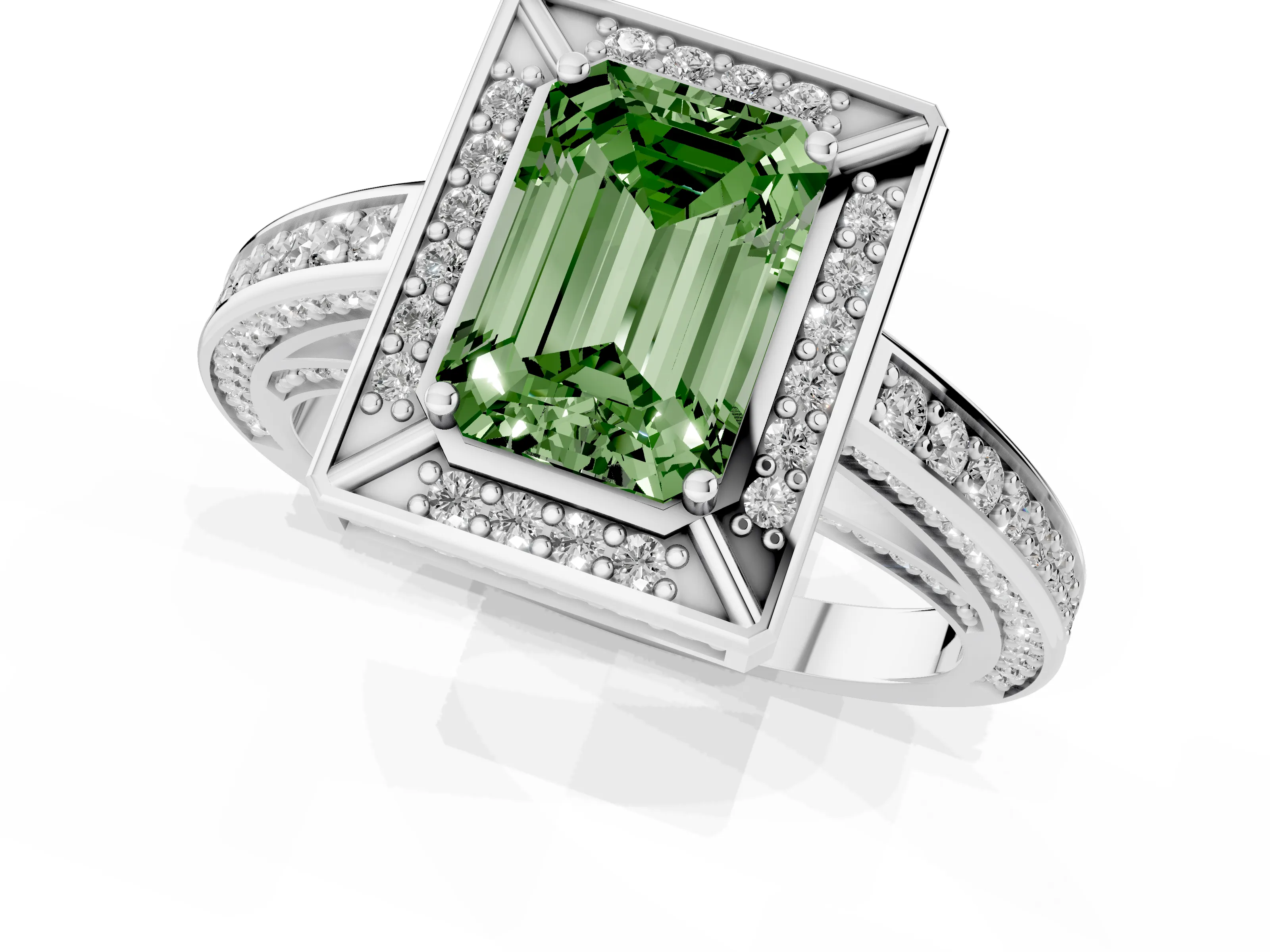 Fancy Green Emerald Cut Diamond Halo Pavé Split Shank Ring Set in Silver with Prong Setting