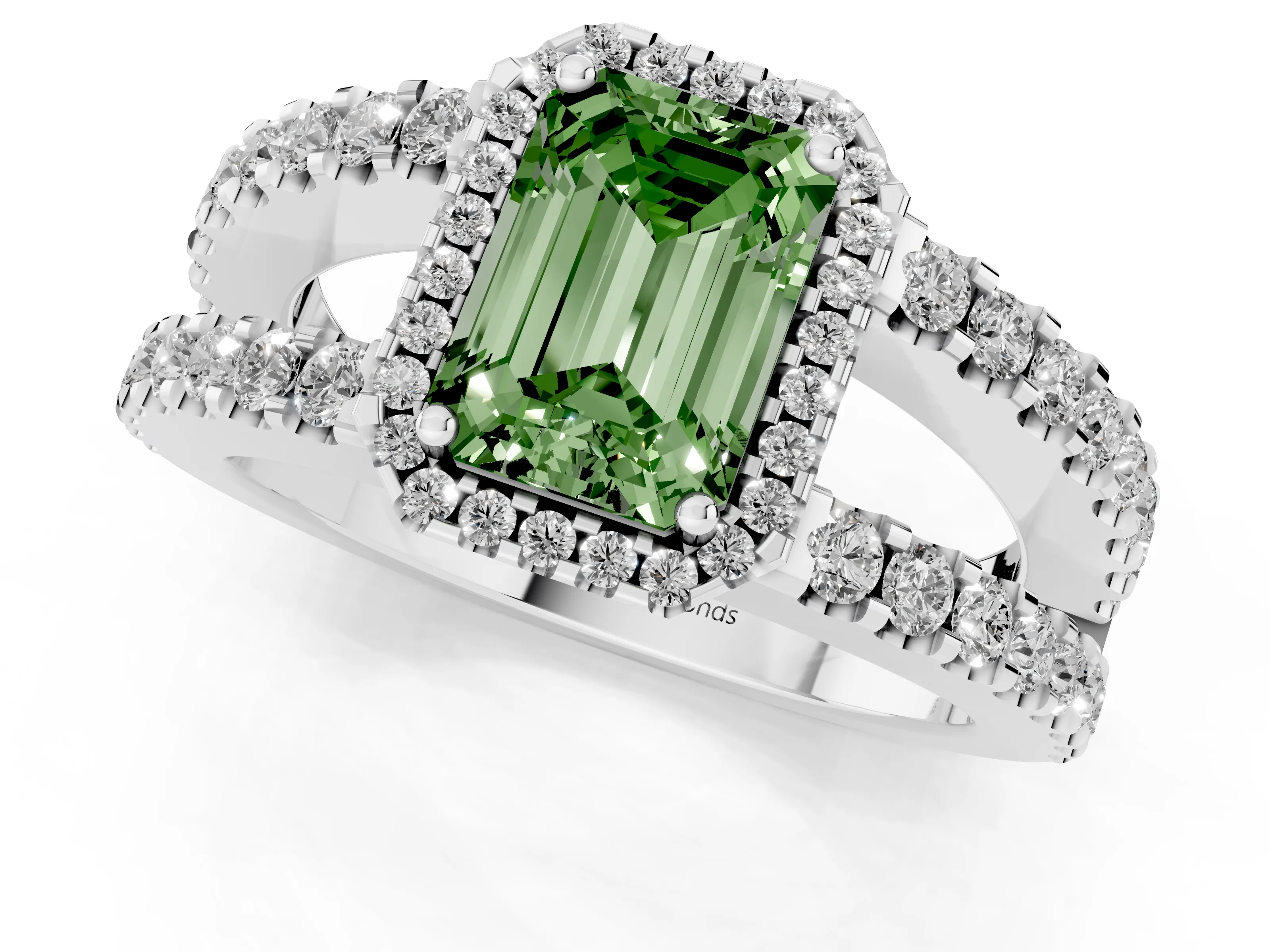 Fancy Green Emerald Cut Diamond Halo Ring Set in Silver with Pavé Split Shank and Prong Setting