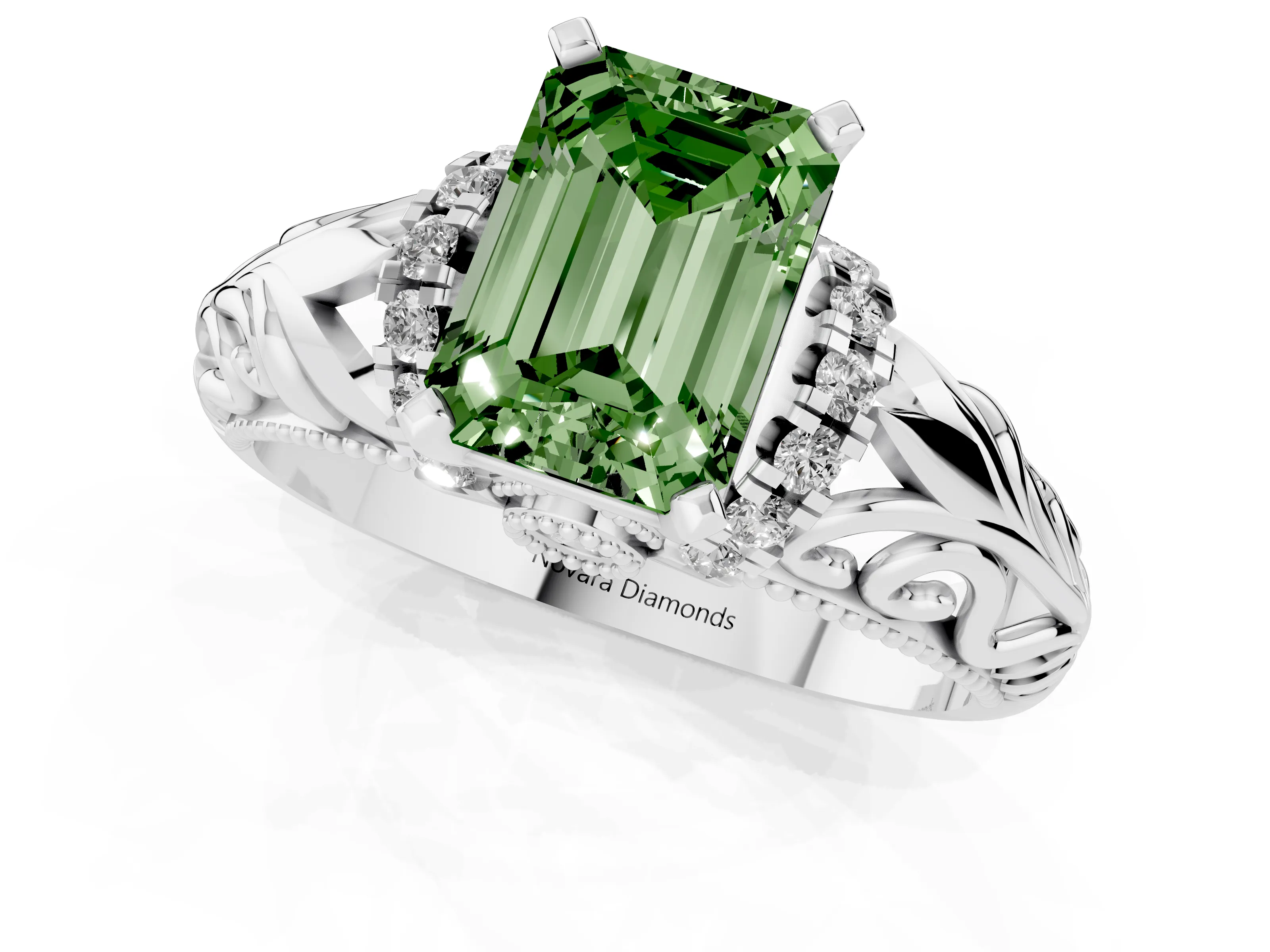 Fancy Green Emerald Cut Diamond Filigree Halo Engagement Ring Set in White gold with Prong Setting