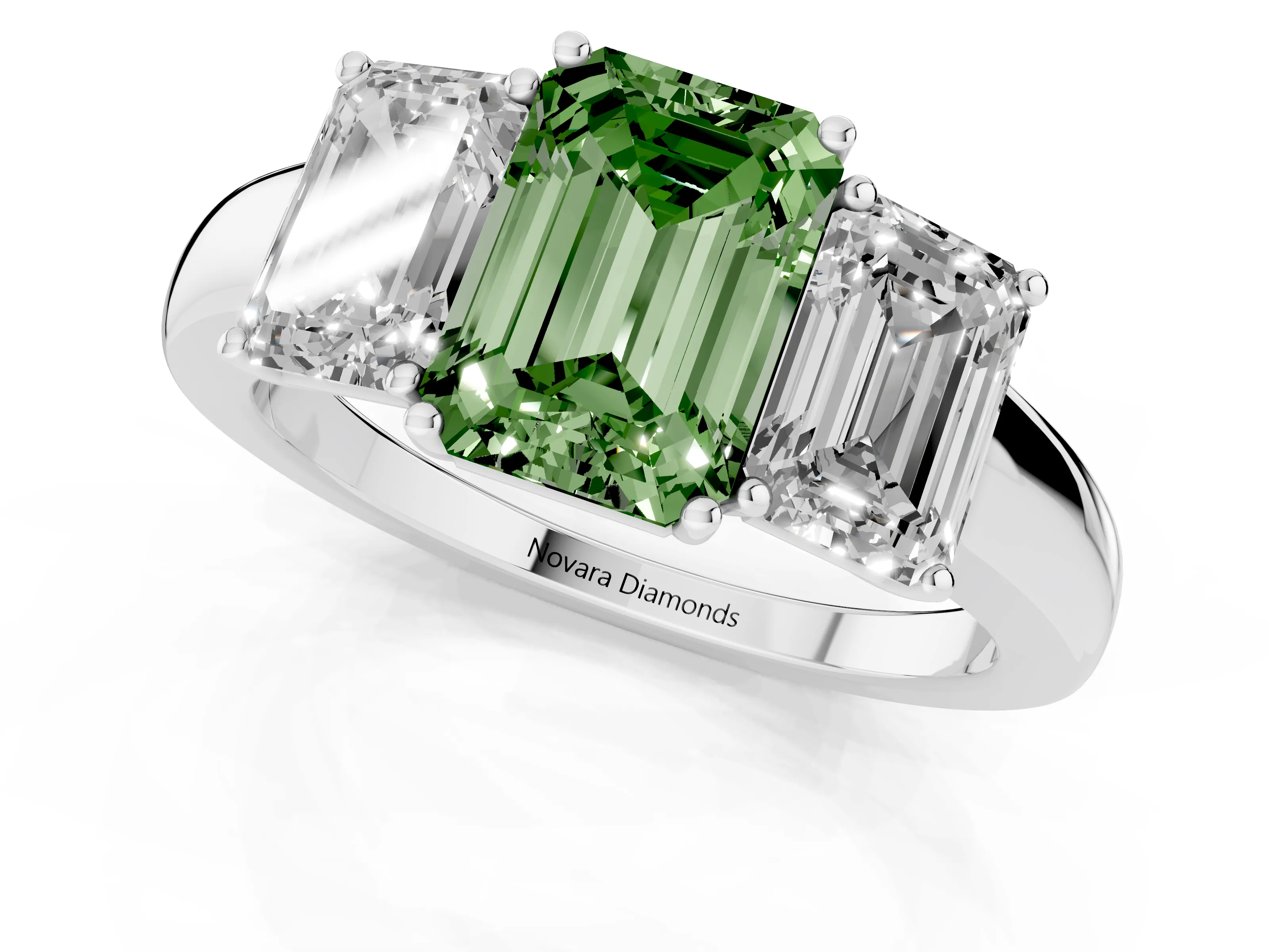 Fancy Green Emerald Cut Diamond Three-Stone Ring Set in Platinum with Bold Center and Classic Band
