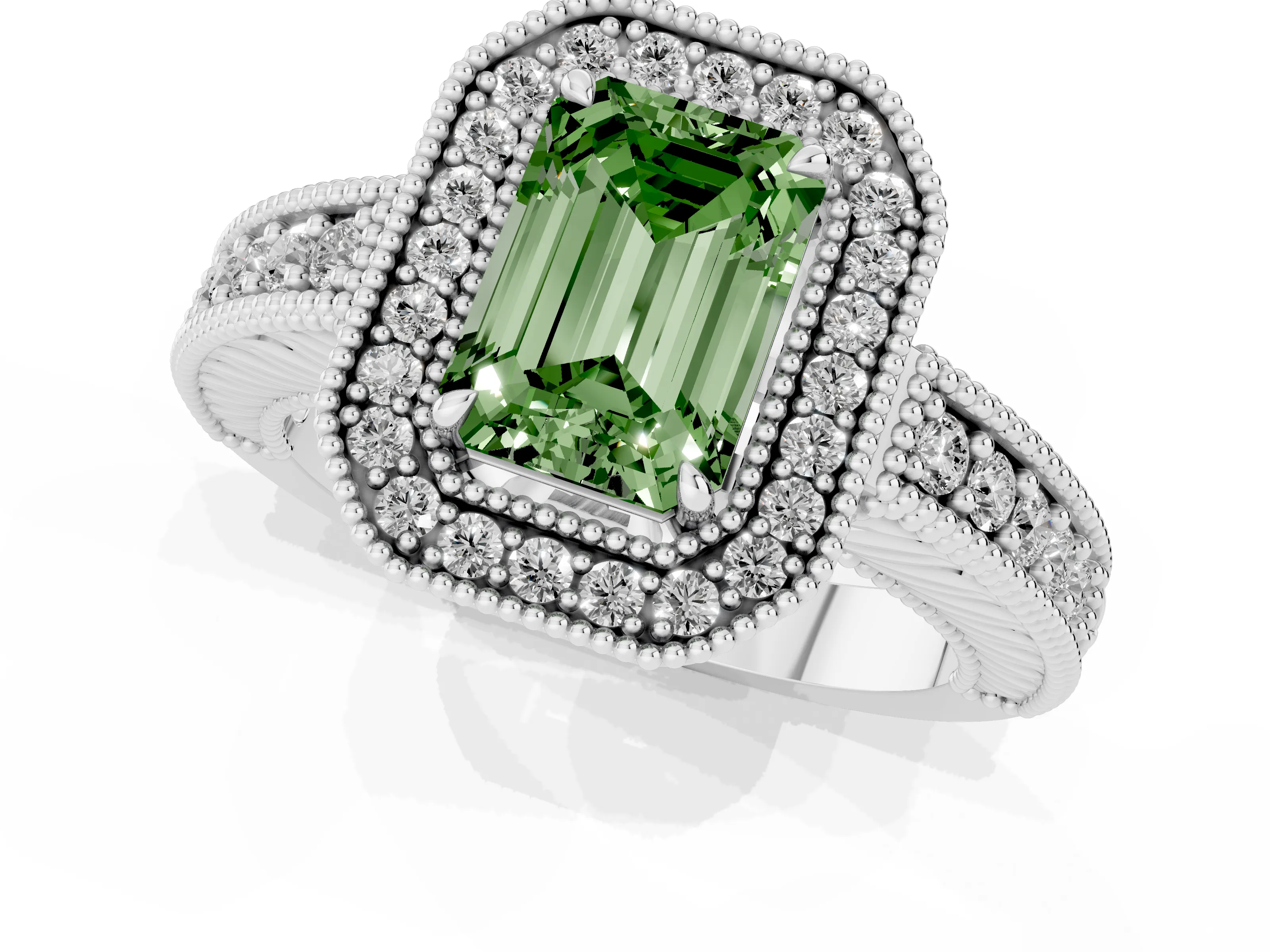 Fancy Green Emerald Cut Diamond Halo Ring Set in Silver with Round Accent Halo, Pavé Band and Prong Setting
