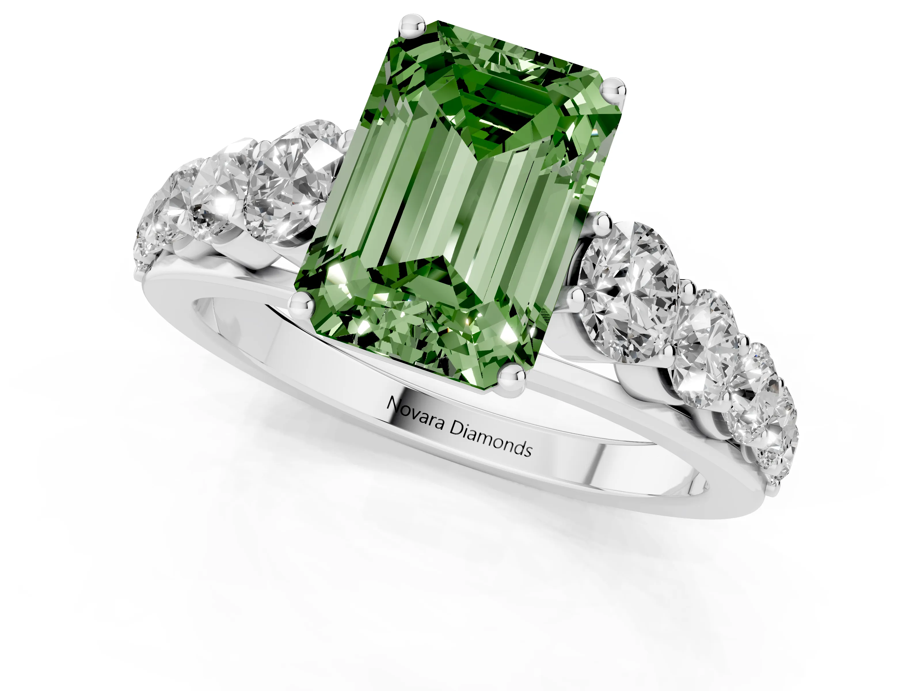 Fancy Green Emerald Cut Diamond Solitaire Ring Set in Platinum with Pavé-Set Band and Prong Setting