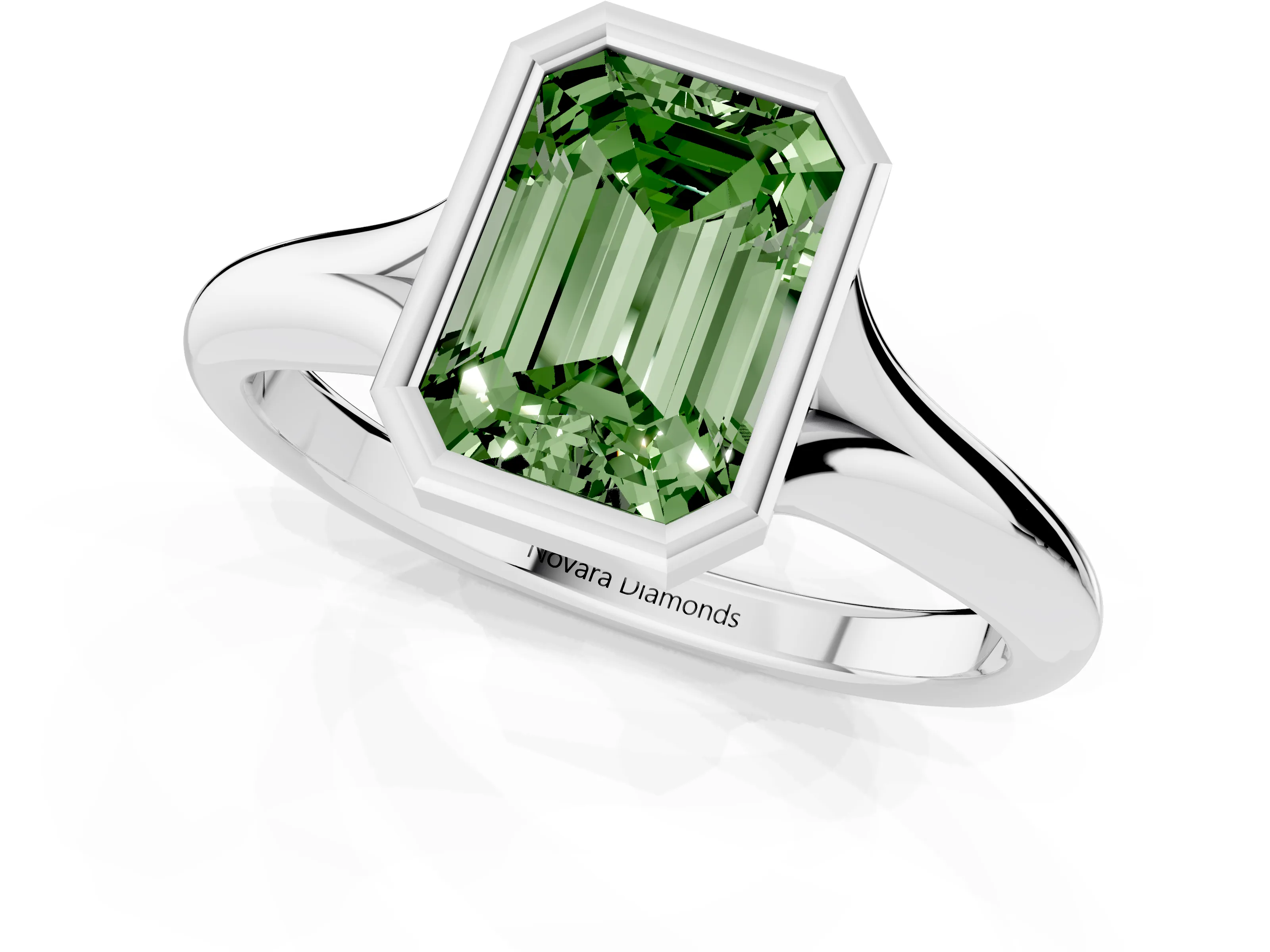 Fancy Green Bezel Set Emerald Cut Diamond Solitaire Ring Set in Platinum with Smooth Band