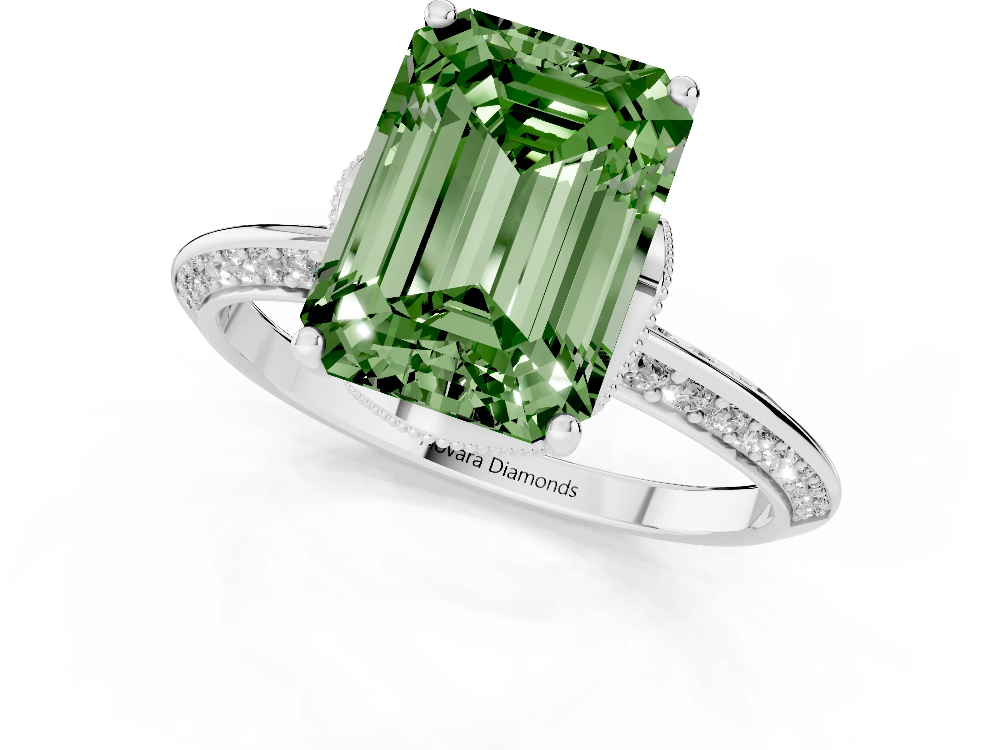 Fancy Green Emerald Cut Diamond Solitaire Engagement Ring Set in Platinum with Pavé Split Shank and Prong Setting