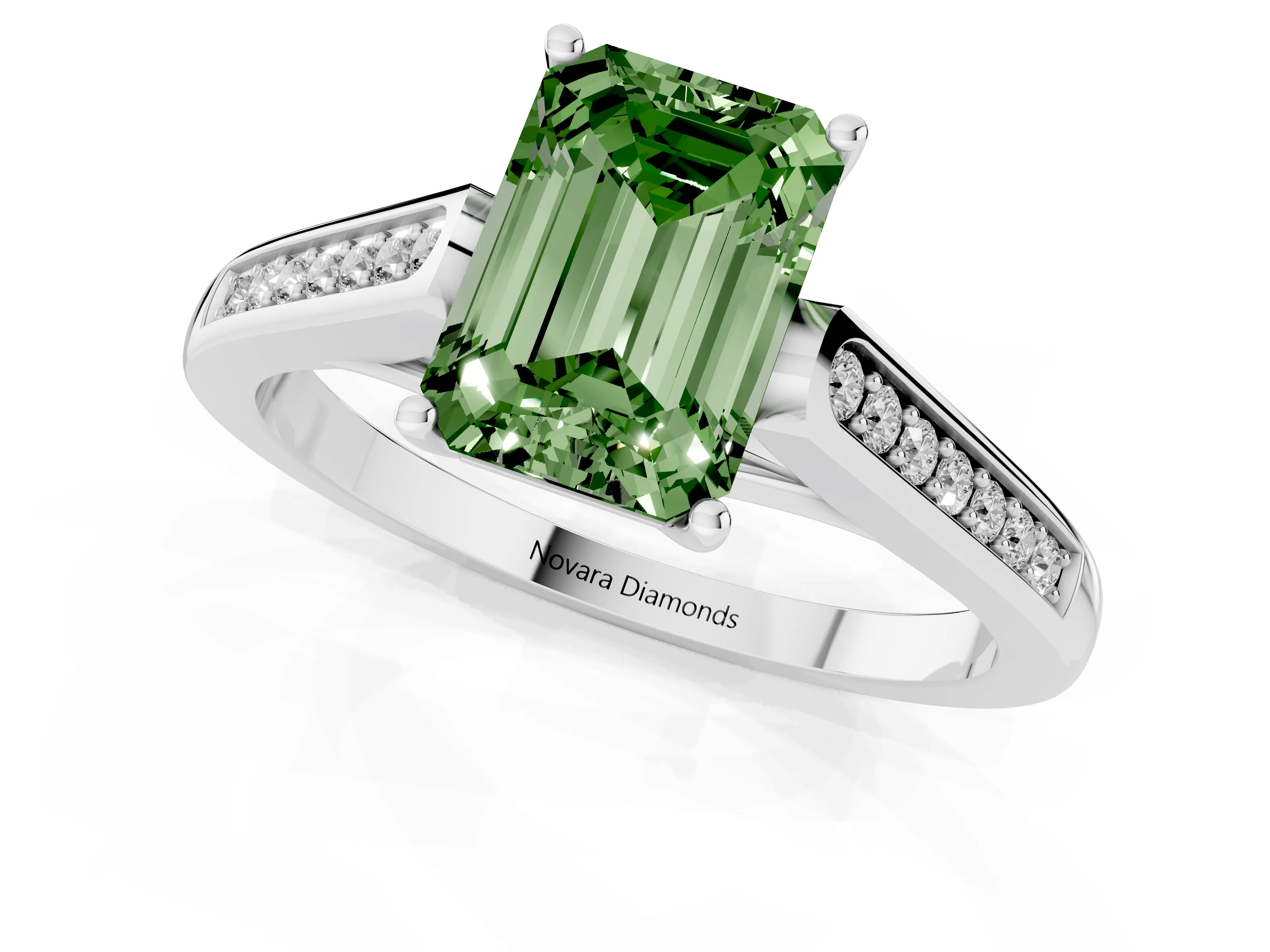 Fancy Green Emerald Cut Diamond Solitaire Cathedral Engagement Ring Set in White gold with Channel-Set Band and Prong Setting