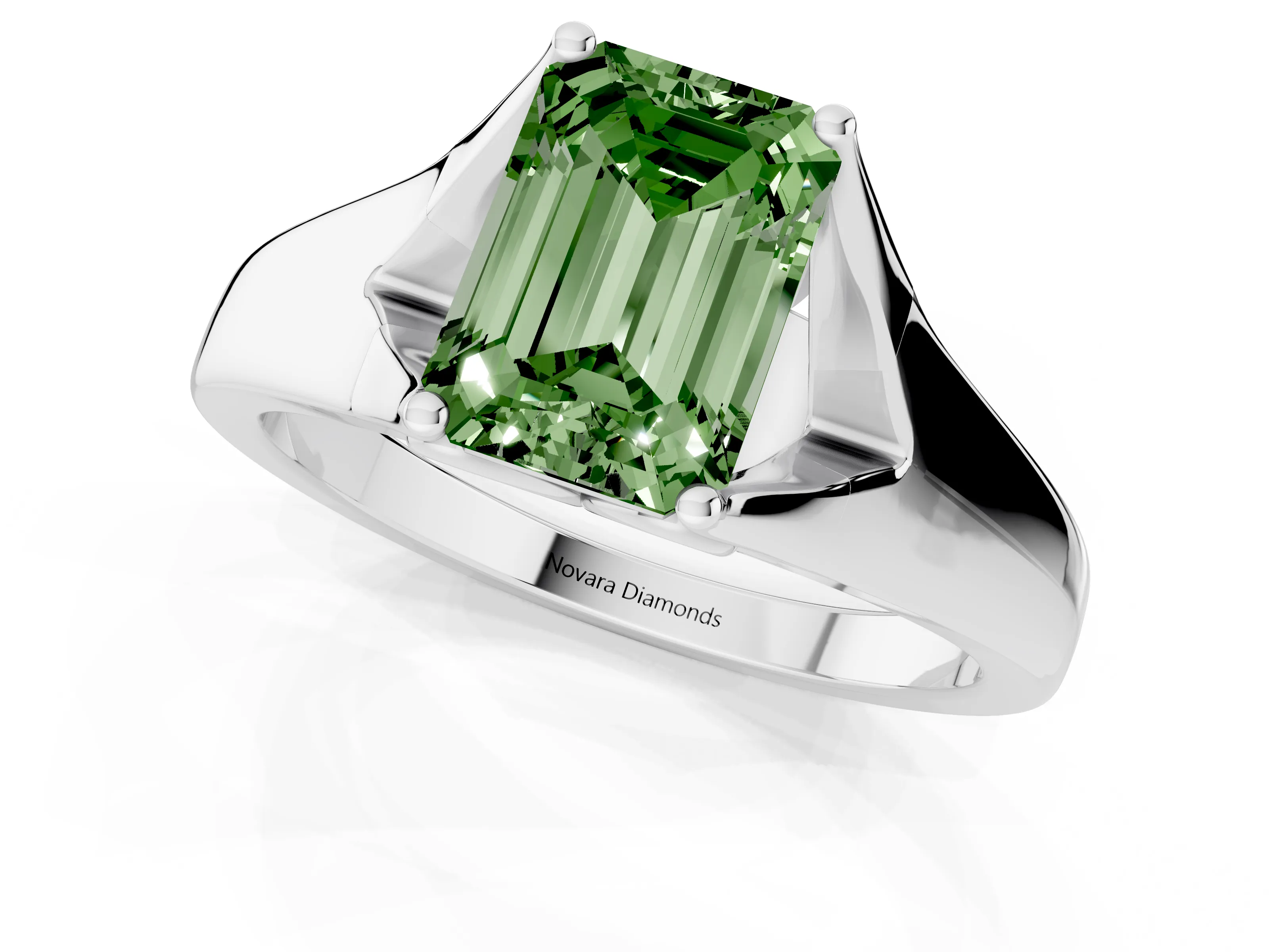 Fancy Green Emerald Cut Diamond Solitaire Ring Set in White gold with Arched Cathedral Band and Prong Setting