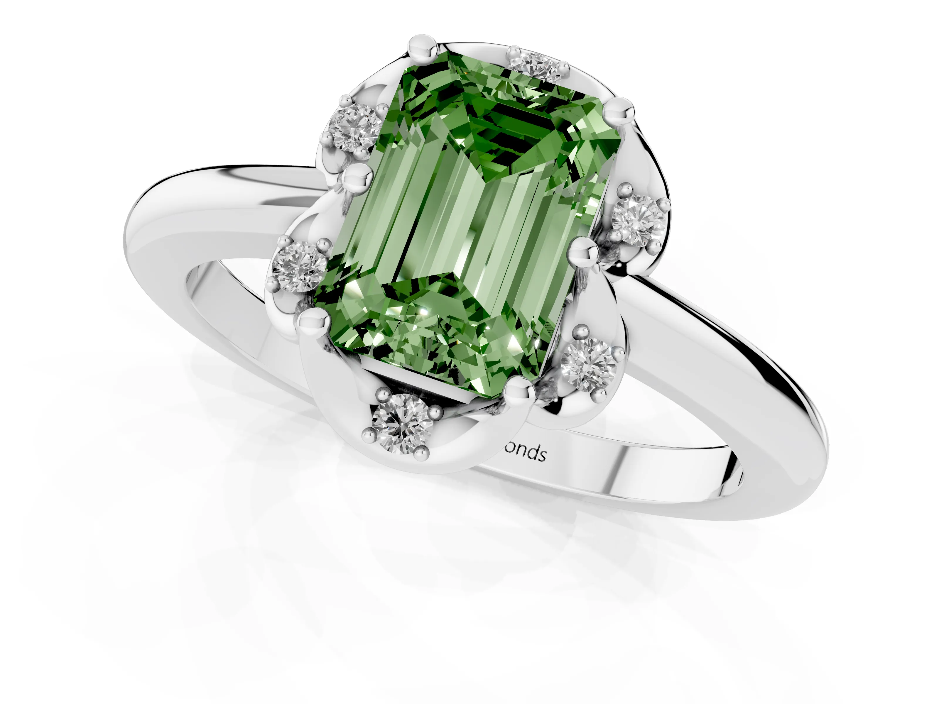 Fancy Green Emerald Cut Diamond Round Cluster Halo Ring Set in Platinum with Solitaire Band and Prong Setting
