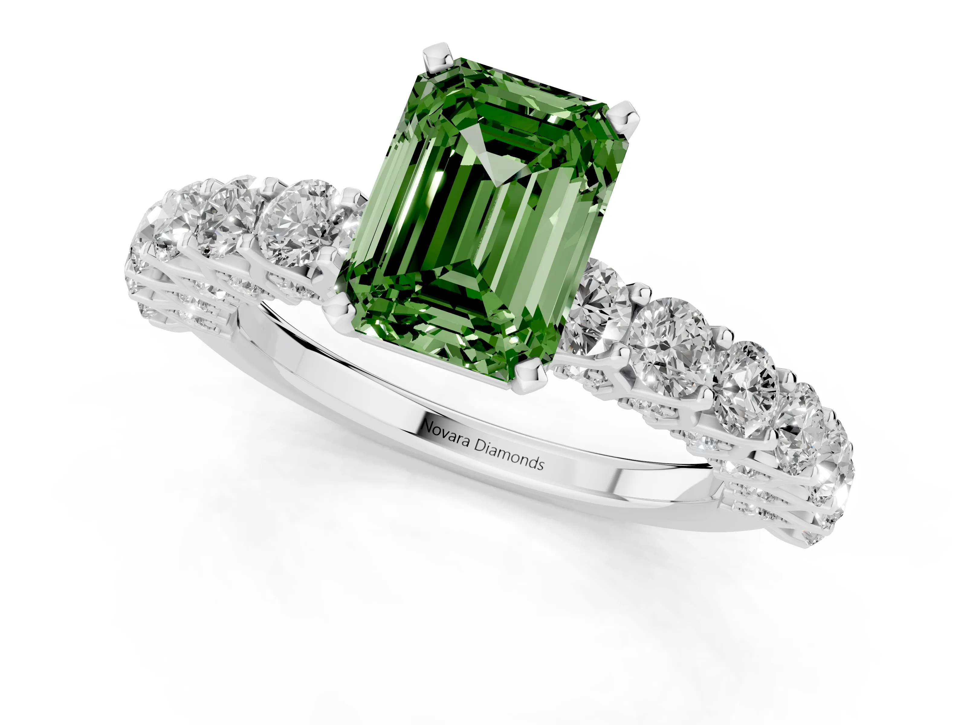 Fancy Green Emerald Cut Diamond Solitaire Ring Set in Silver with Shared Prong Pavé Band
