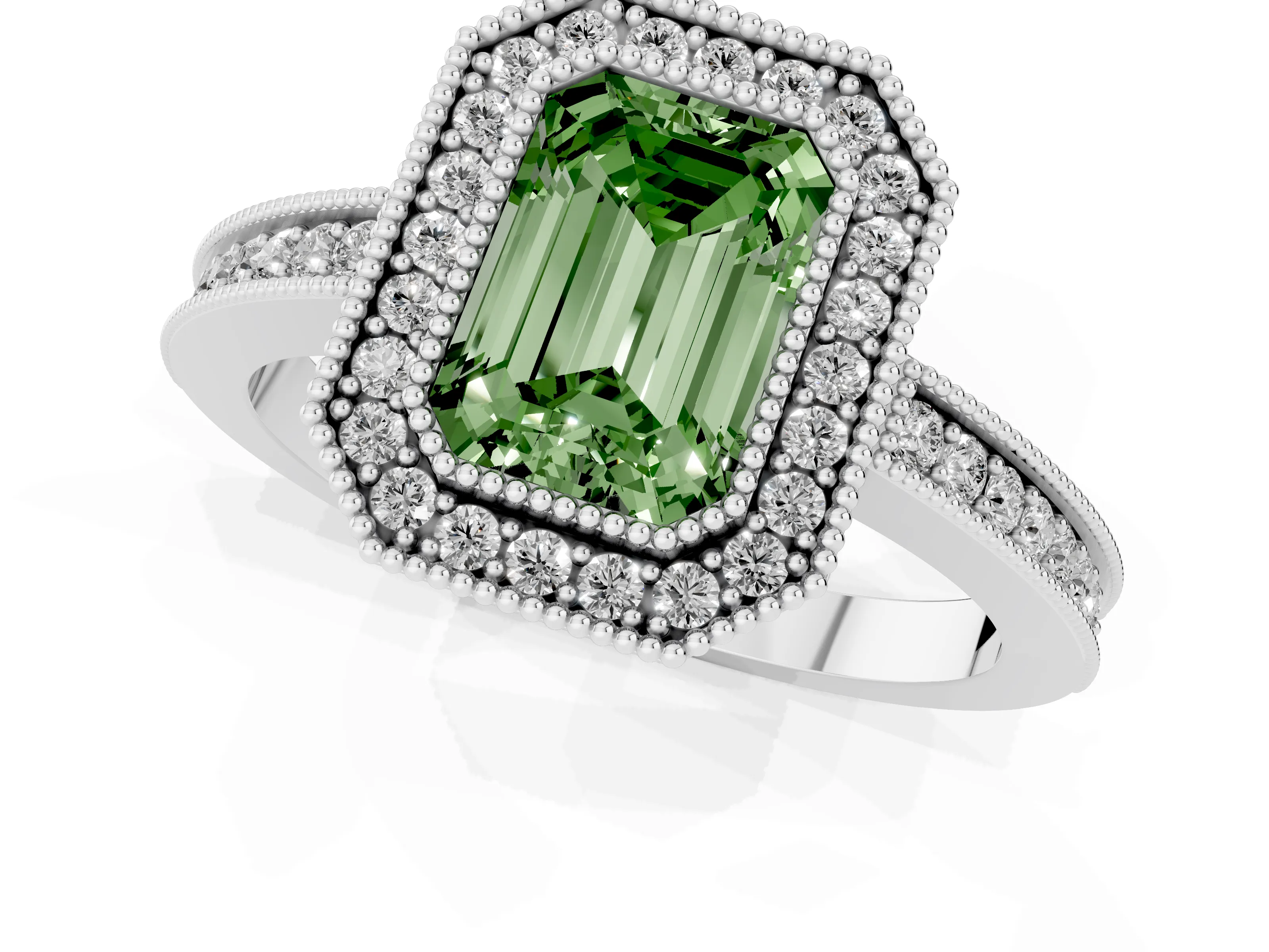 Fancy Green Emerald Cut Diamond Round Halo Ring Set in Platinum with Pavé Band