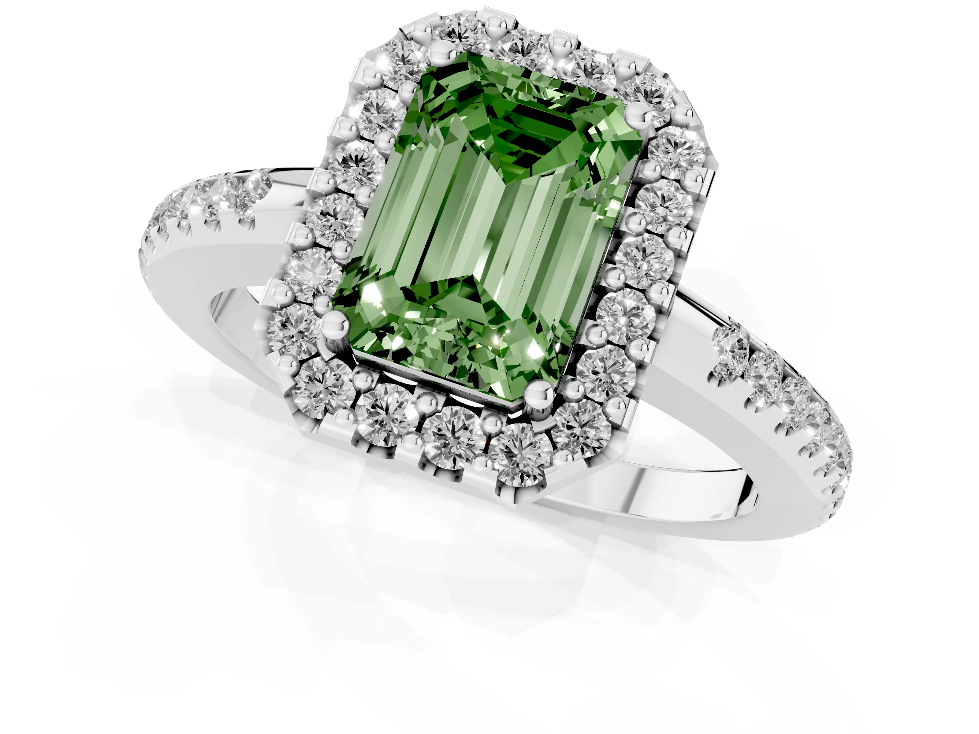 Fancy Green Emerald Cut Diamond Pavé Halo Ring Set in Platinum with Prong Setting