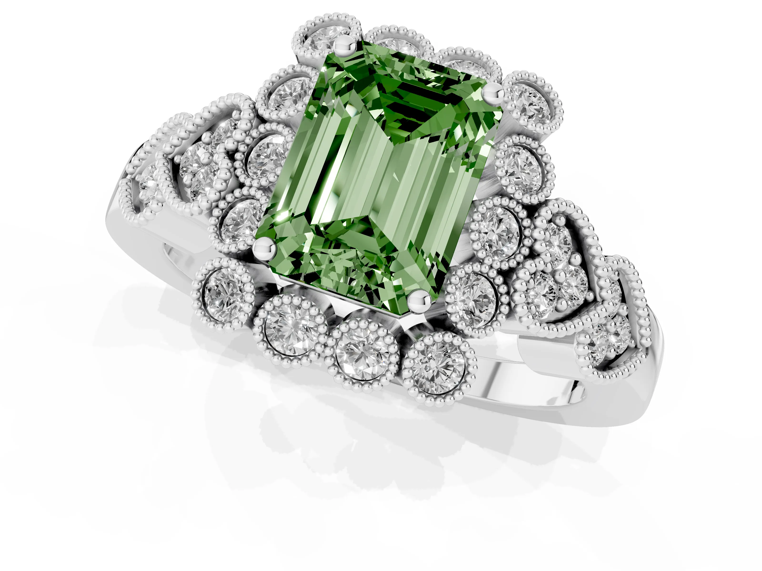 Fancy Green Emerald Cut Diamond Solitaire Ring Set in Silver with Milgrain Pavé Heart Band