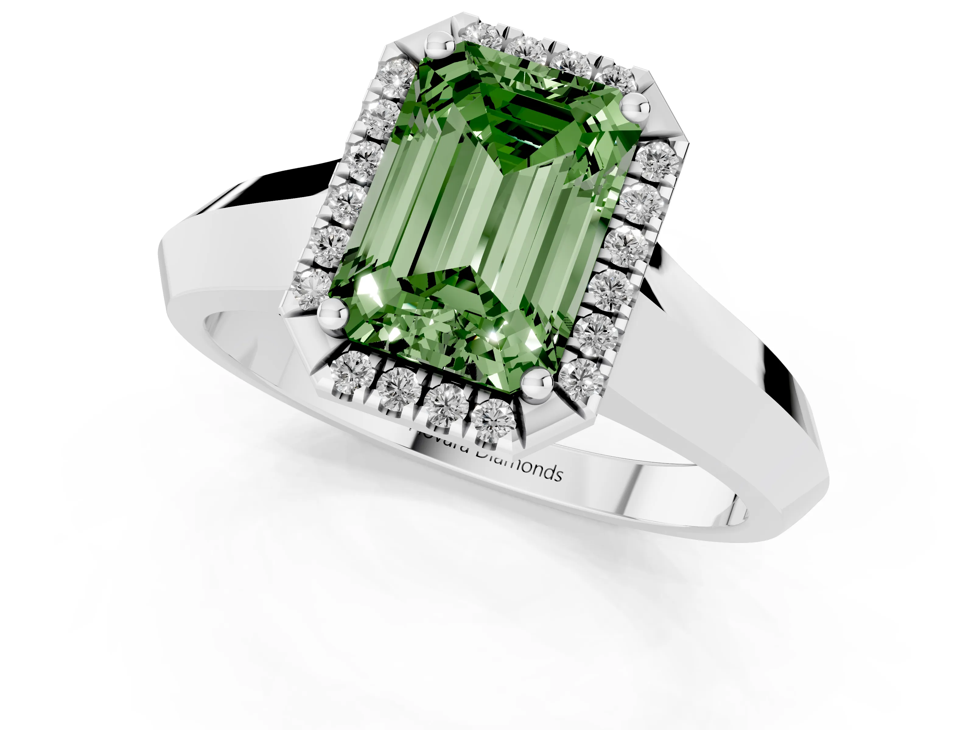 Fancy Green Emerald Cut Diamond Halo Ring Set in White gold with Cathedral Band and Prong Setting