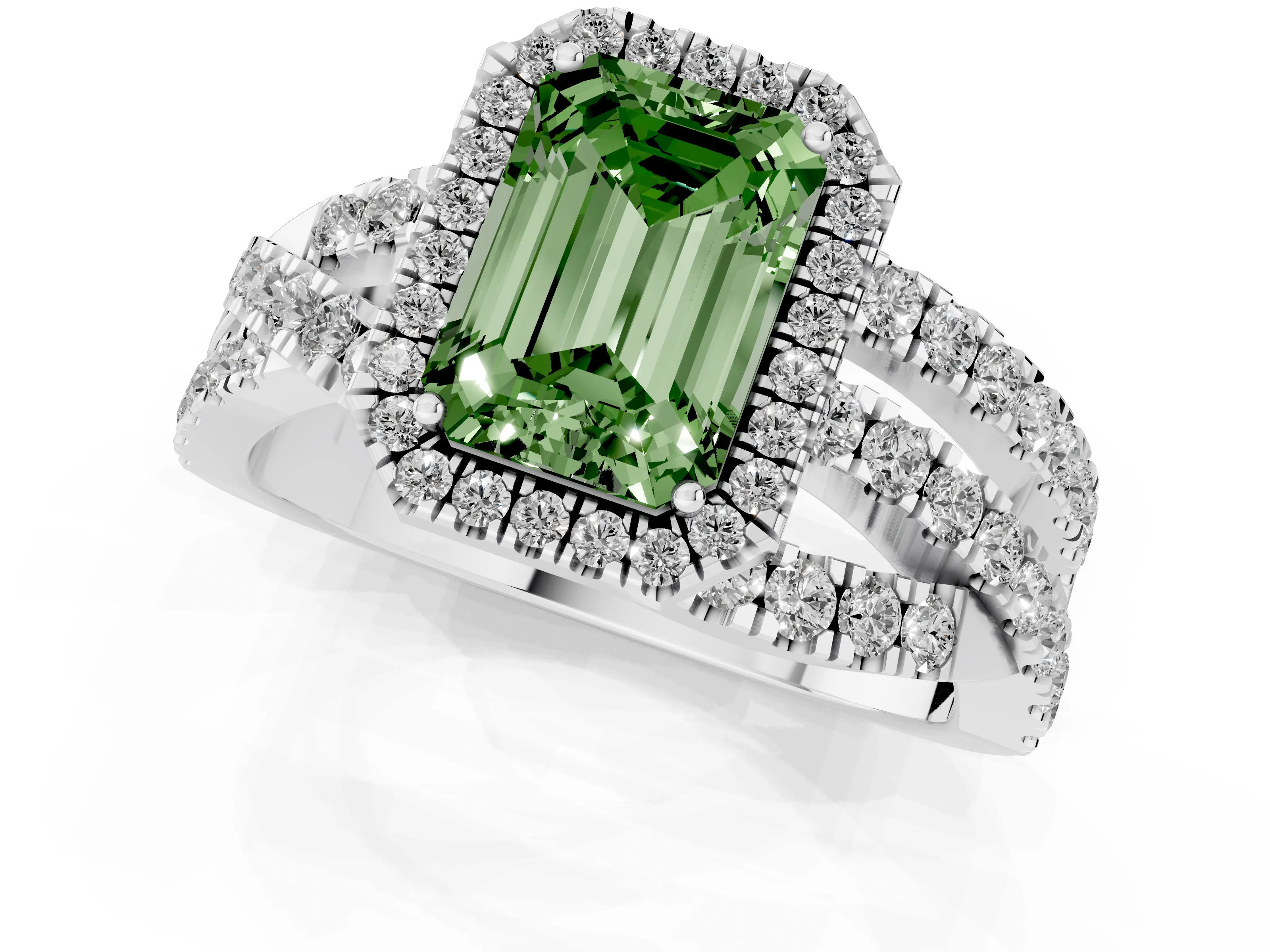 Fancy Green Emerald Cut Diamond Halo Ring Set in Silver with Round Crossover Split Shank and Prong Setting