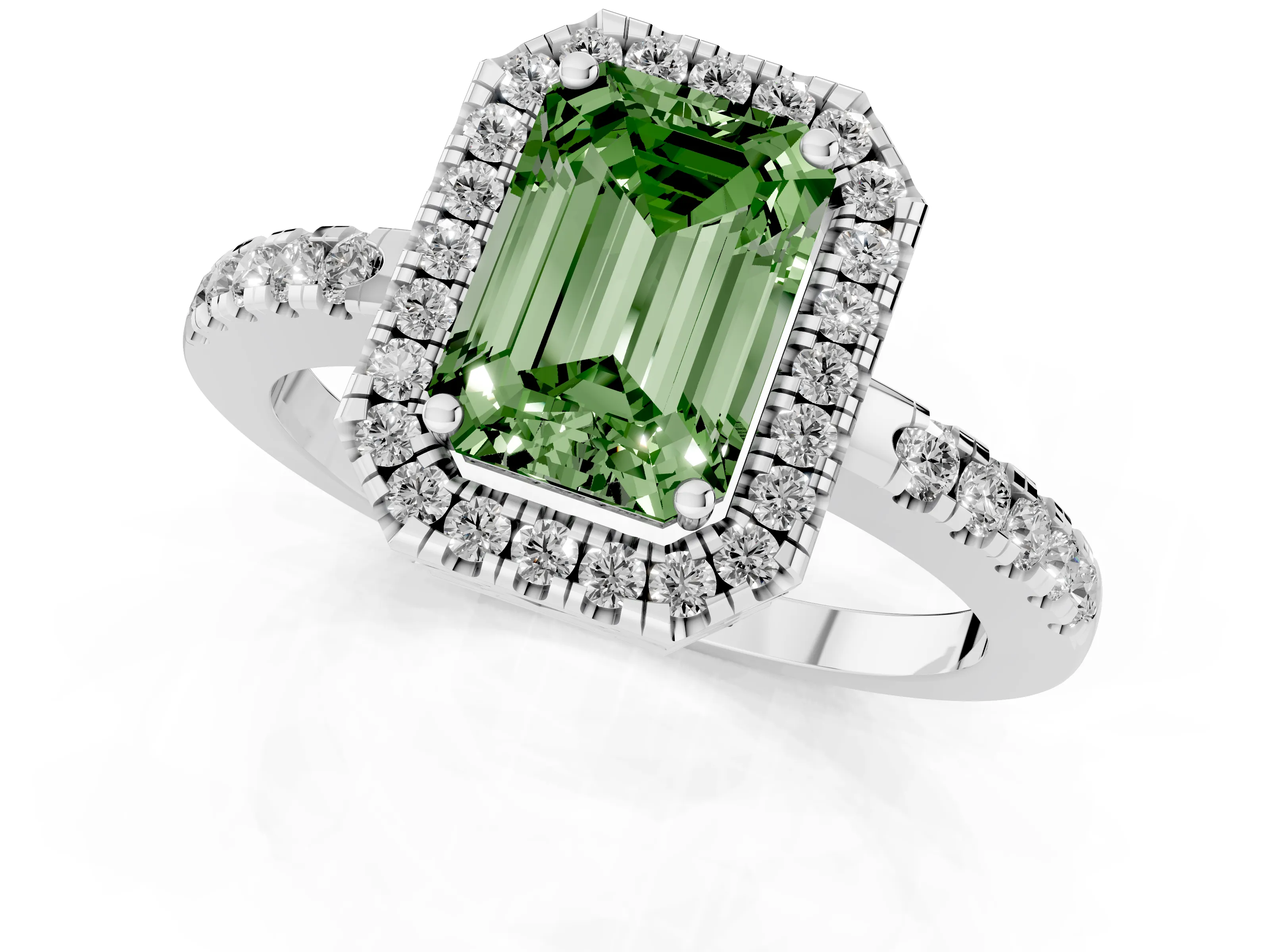 Fancy Green Emerald Cut Diamond Pavé Band Halo Engagement Ring Set in Silver with Prong Setting