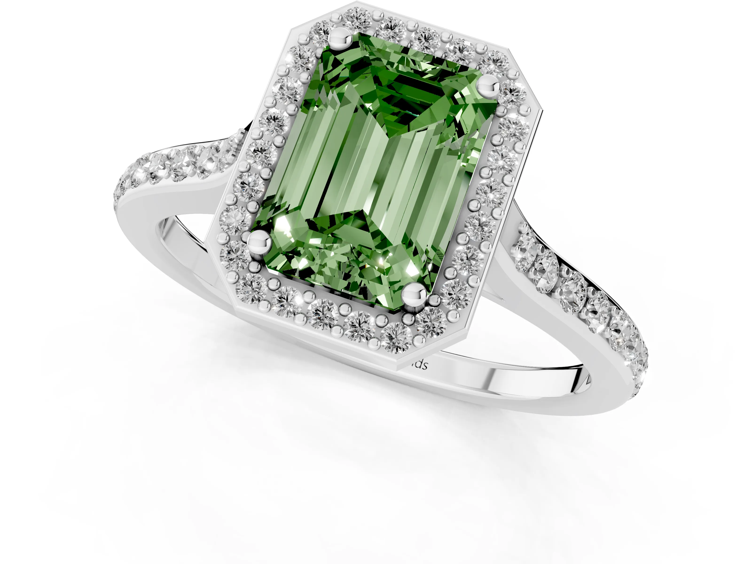 Fancy Green Emerald Cut Diamond Halo Engagement Ring Set in Platinum with Round Pavé Shoulders and Heart Gallery – second view