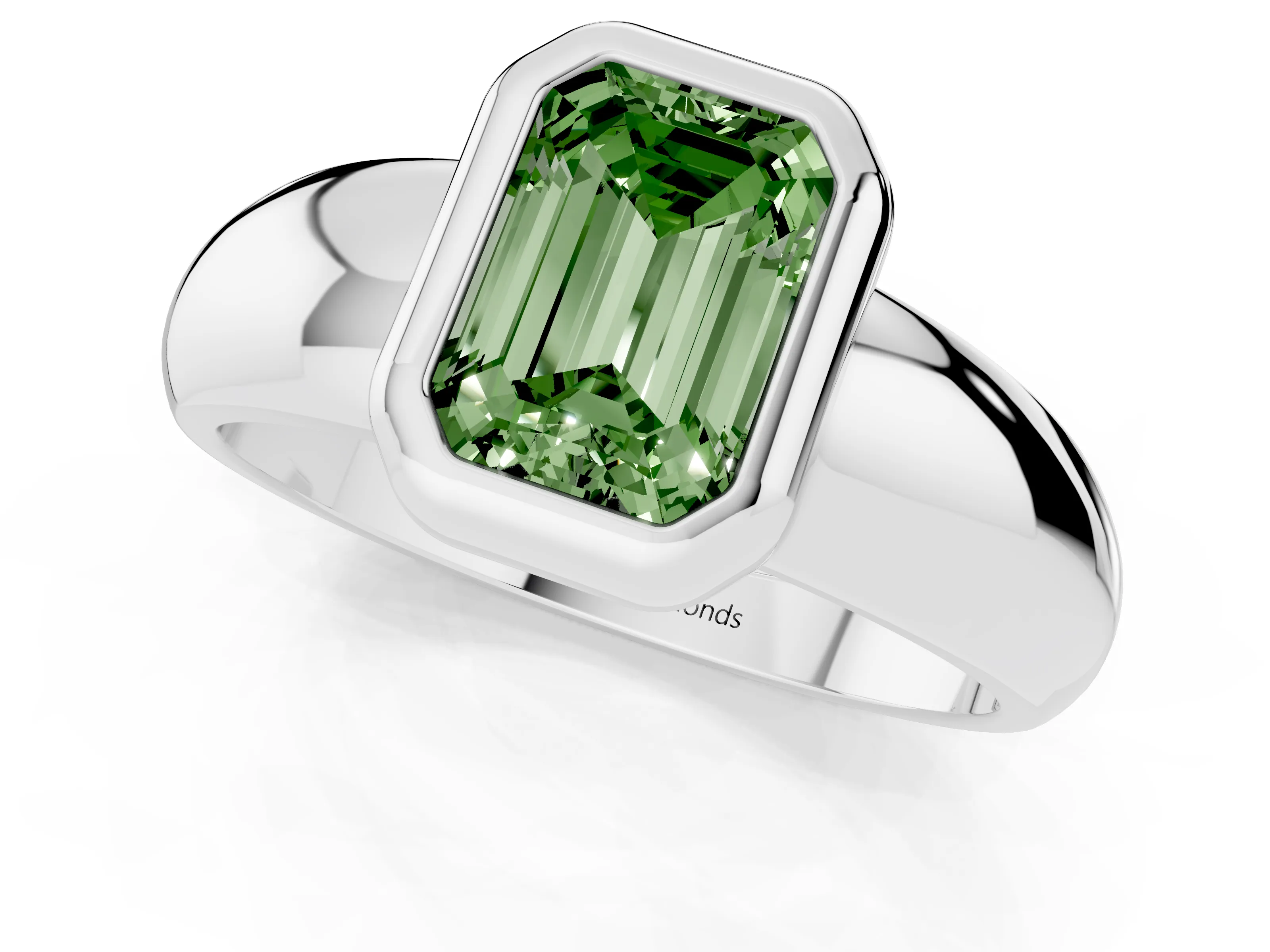 Fancy Green Bezel Set Emerald Cut Diamond Solitaire Ring Set in White gold with Wide Band