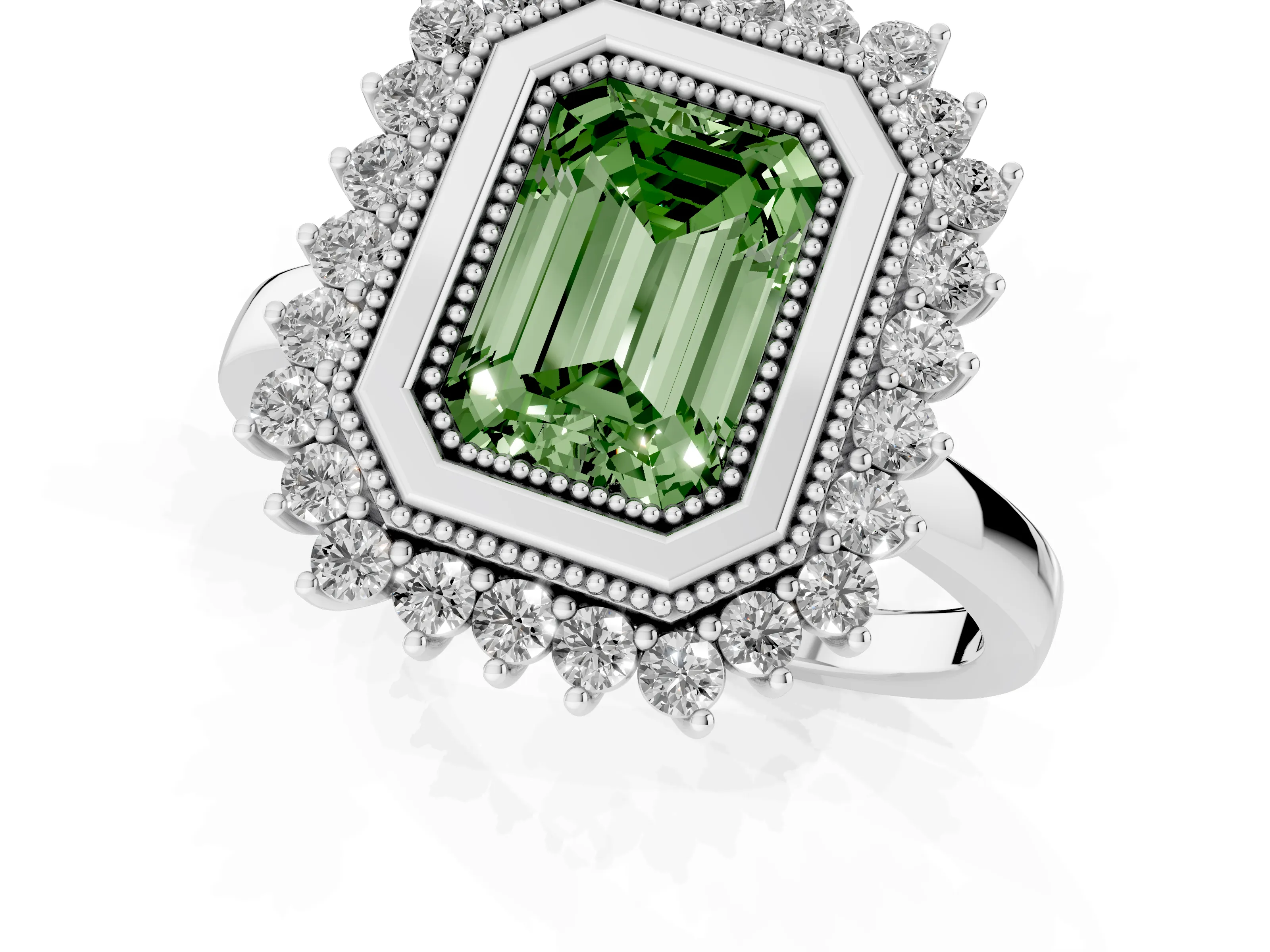 Fancy Green Emerald Cut Diamond Halo Ring Set in Silver with Milgrain Edge and Round Prong Setting