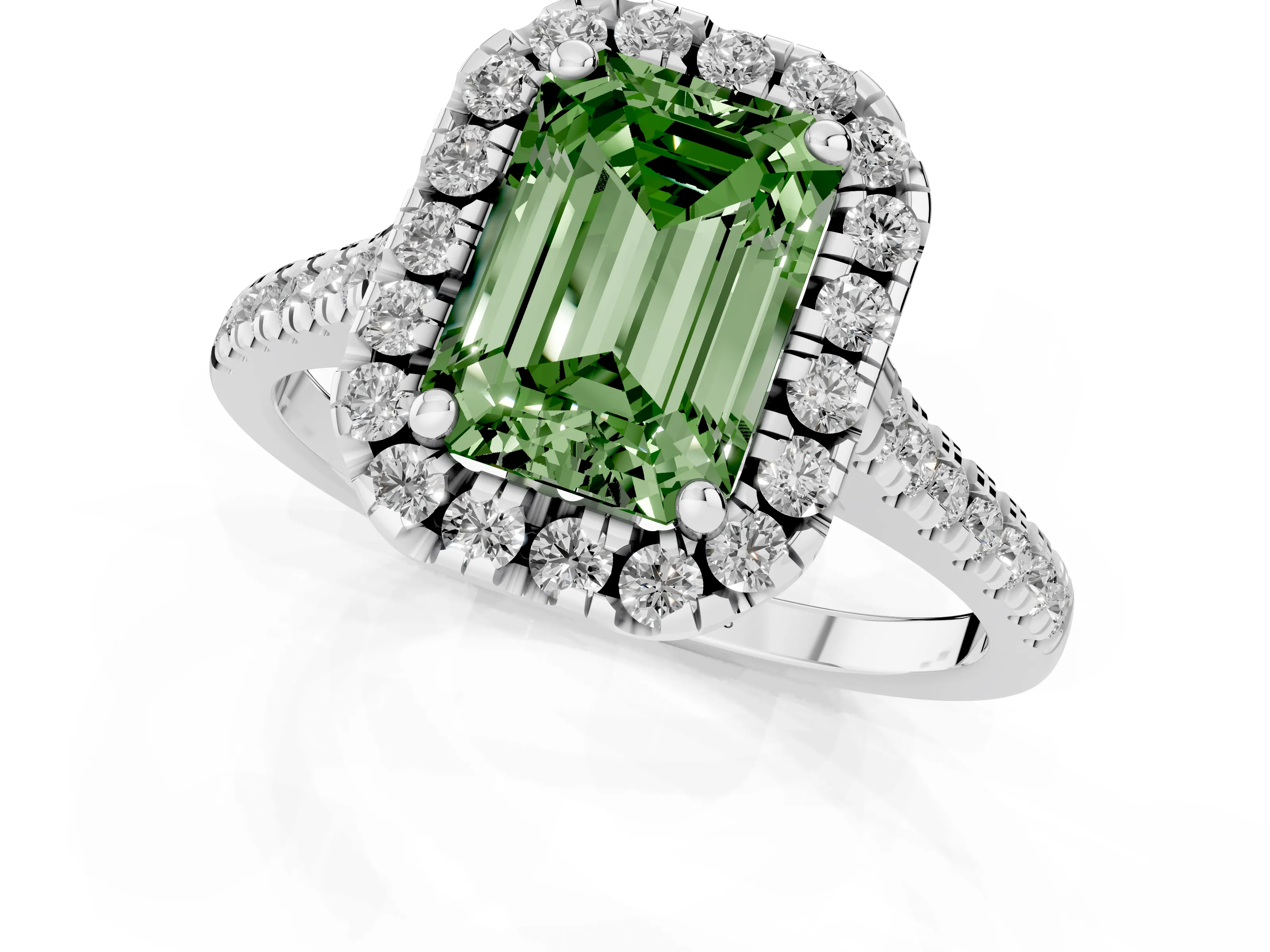 Fancy Green Emerald Cut Diamond Cushion Halo Ring Set in White gold with Pavé Band