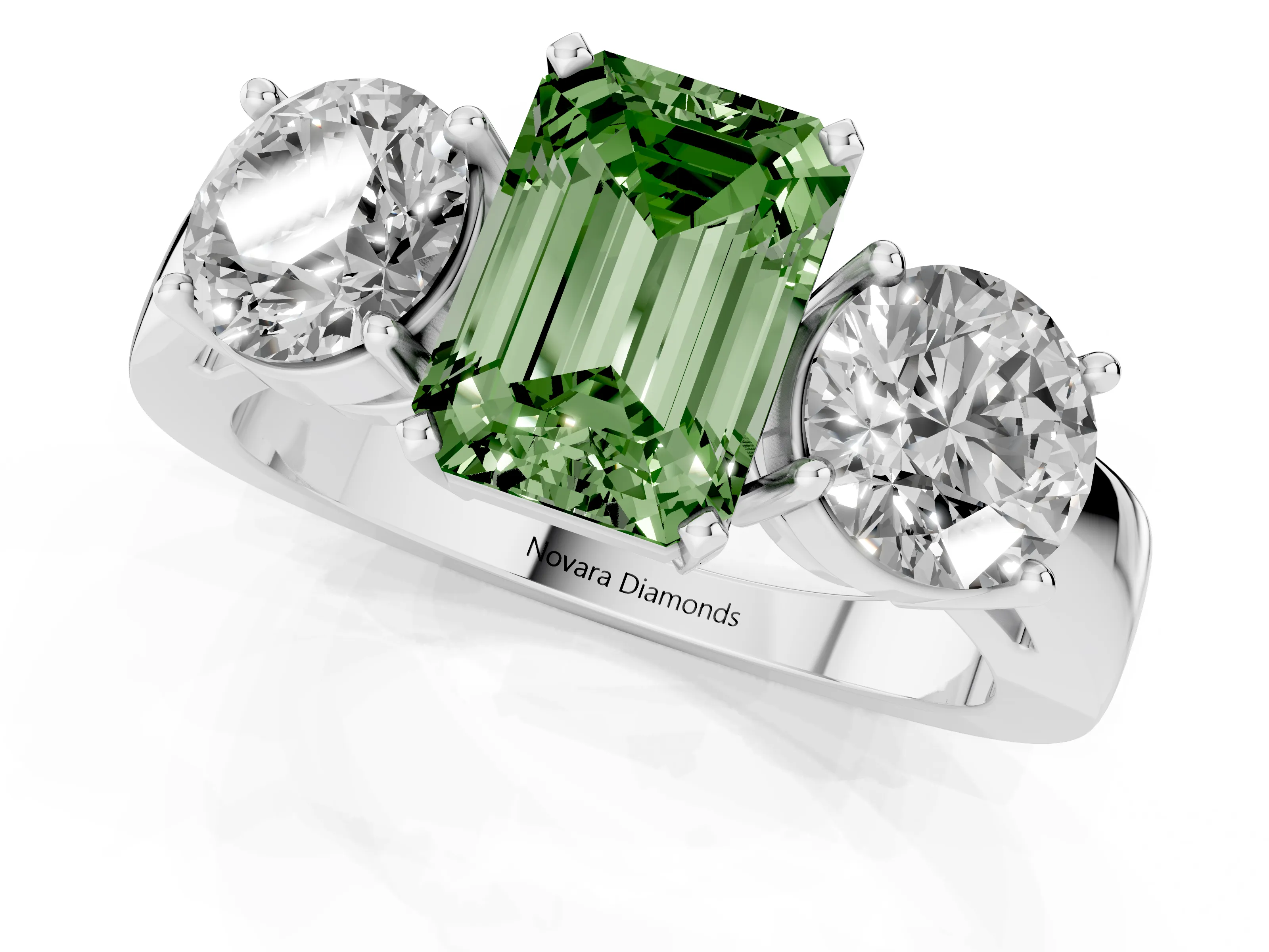 Fancy Green Emerald Cut Diamond Three-Stone Ring Set in Silver with Round Side Stones and Classic Band