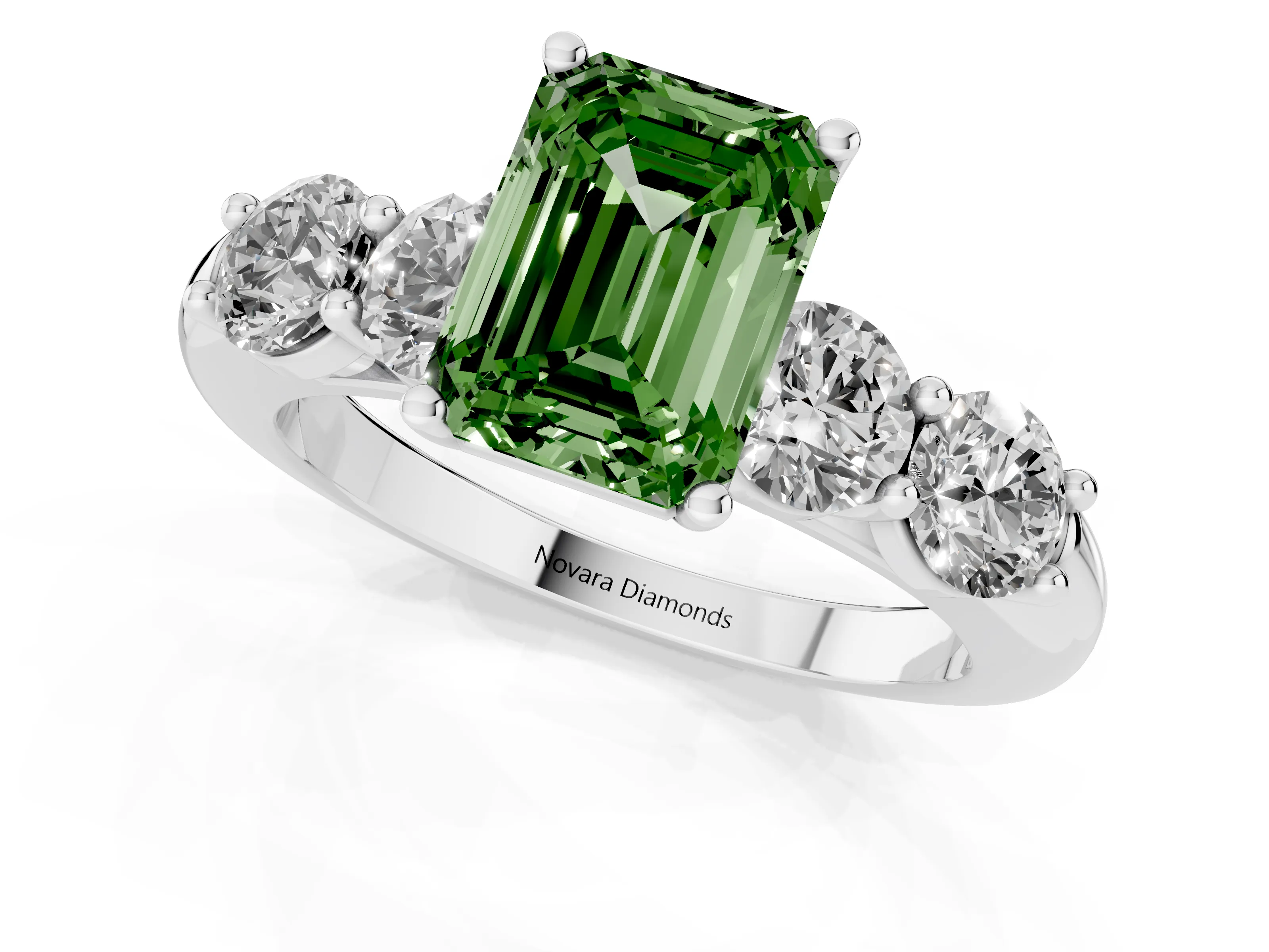 Fancy Green Emerald Cut Diamond Five-Stone Prong Set Ring Set in Silver with Classic Band