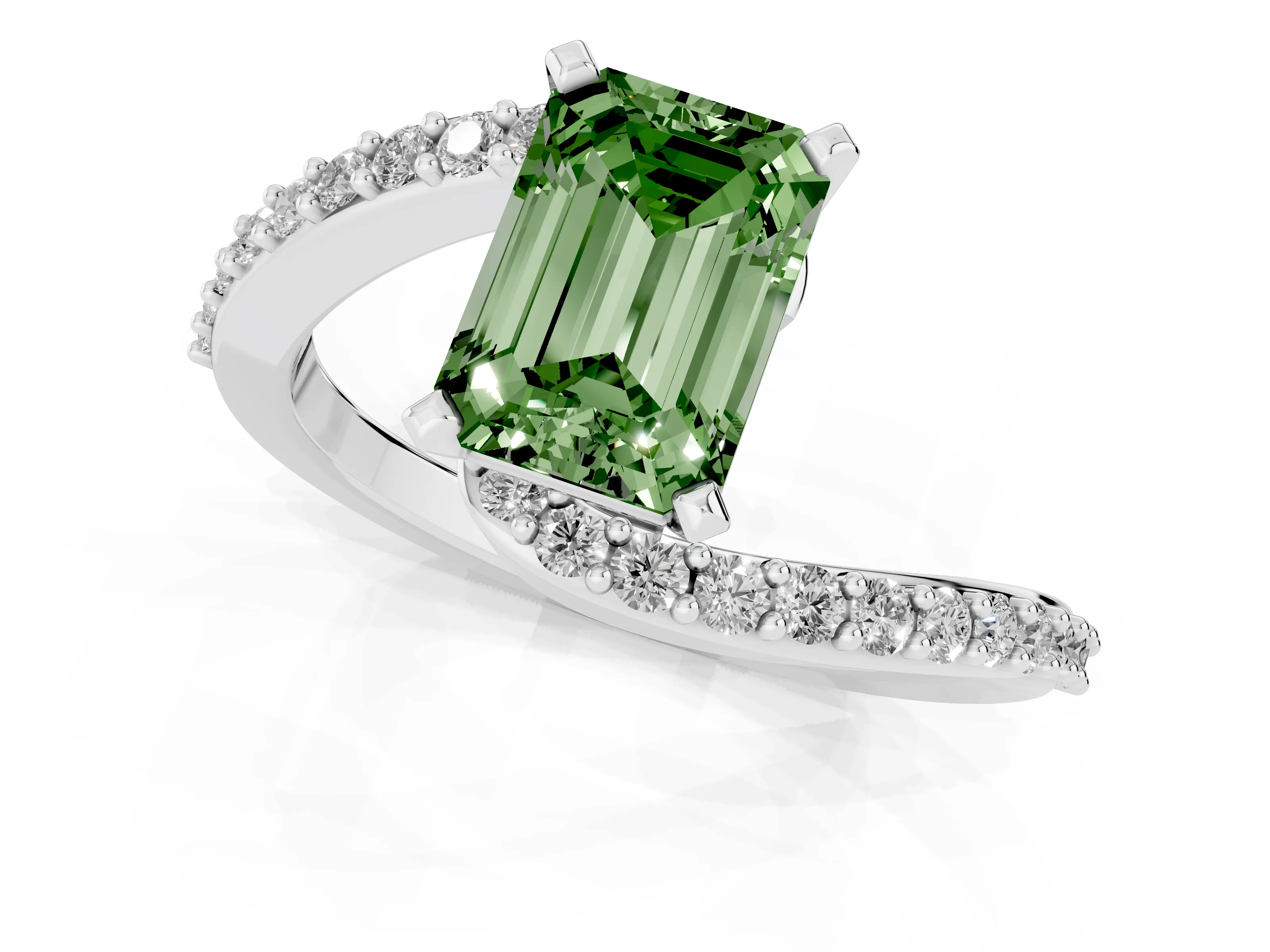 Fancy Green Emerald Cut Diamond Solitaire Ring Set in White gold with Pavé Twist Band and Prong Setting