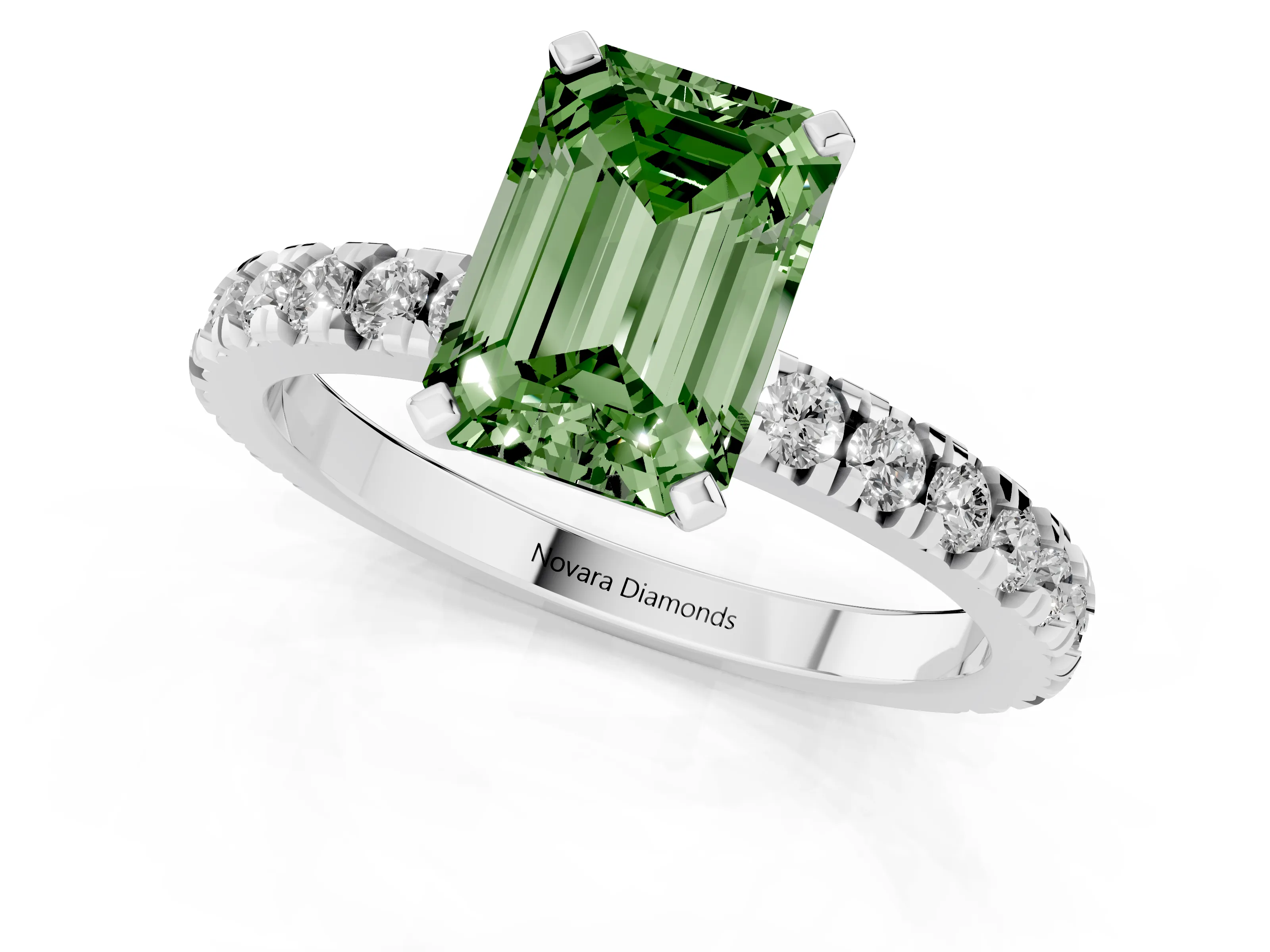 Fancy Green Emerald Cut Diamond Pavé Band Solitaire Set in Platinum with Prong Setting