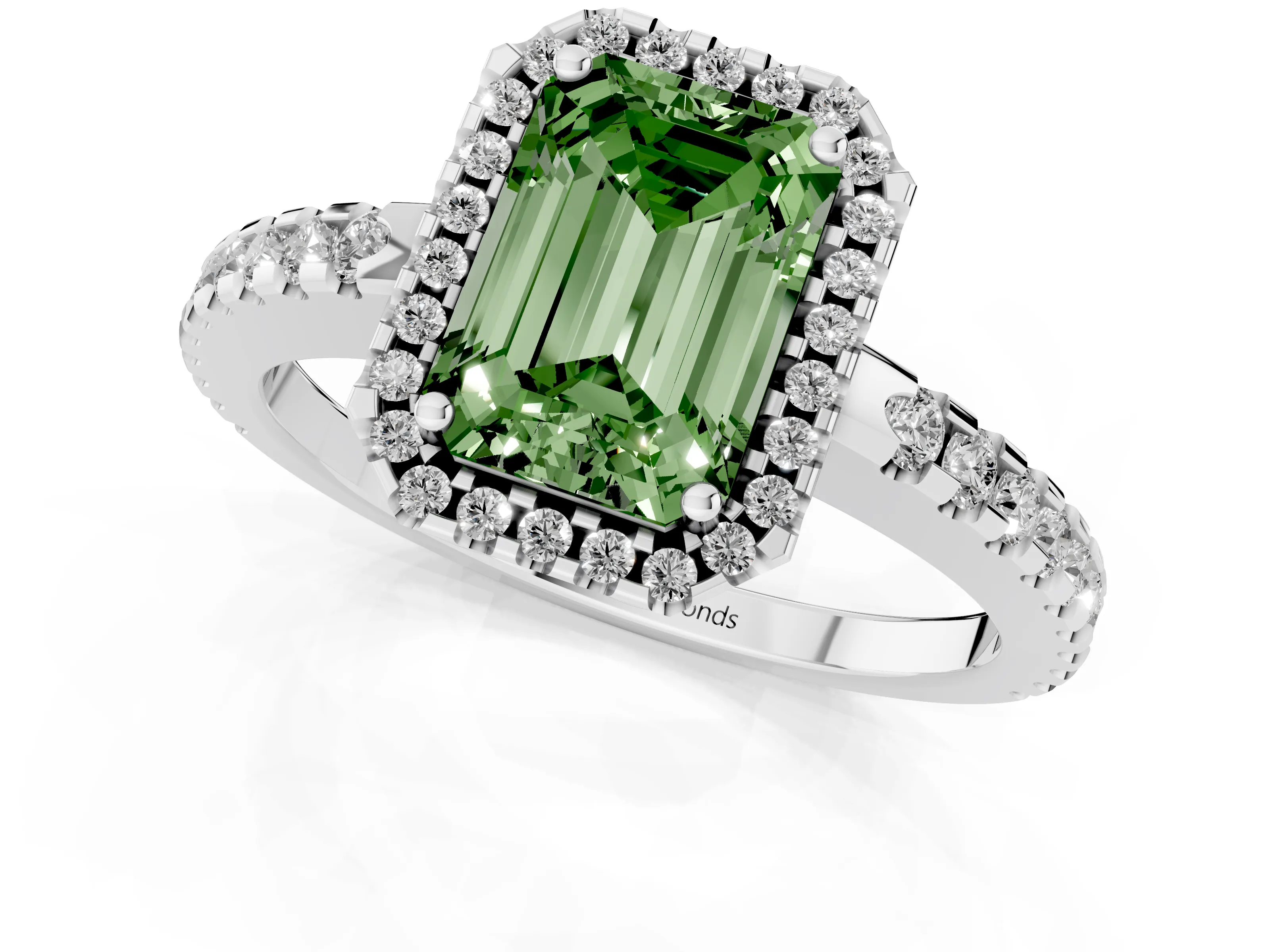 Fancy Green Emerald Cut Diamond Halo Ring Set in White gold with Pavé Shoulders and Halo-Framed Center