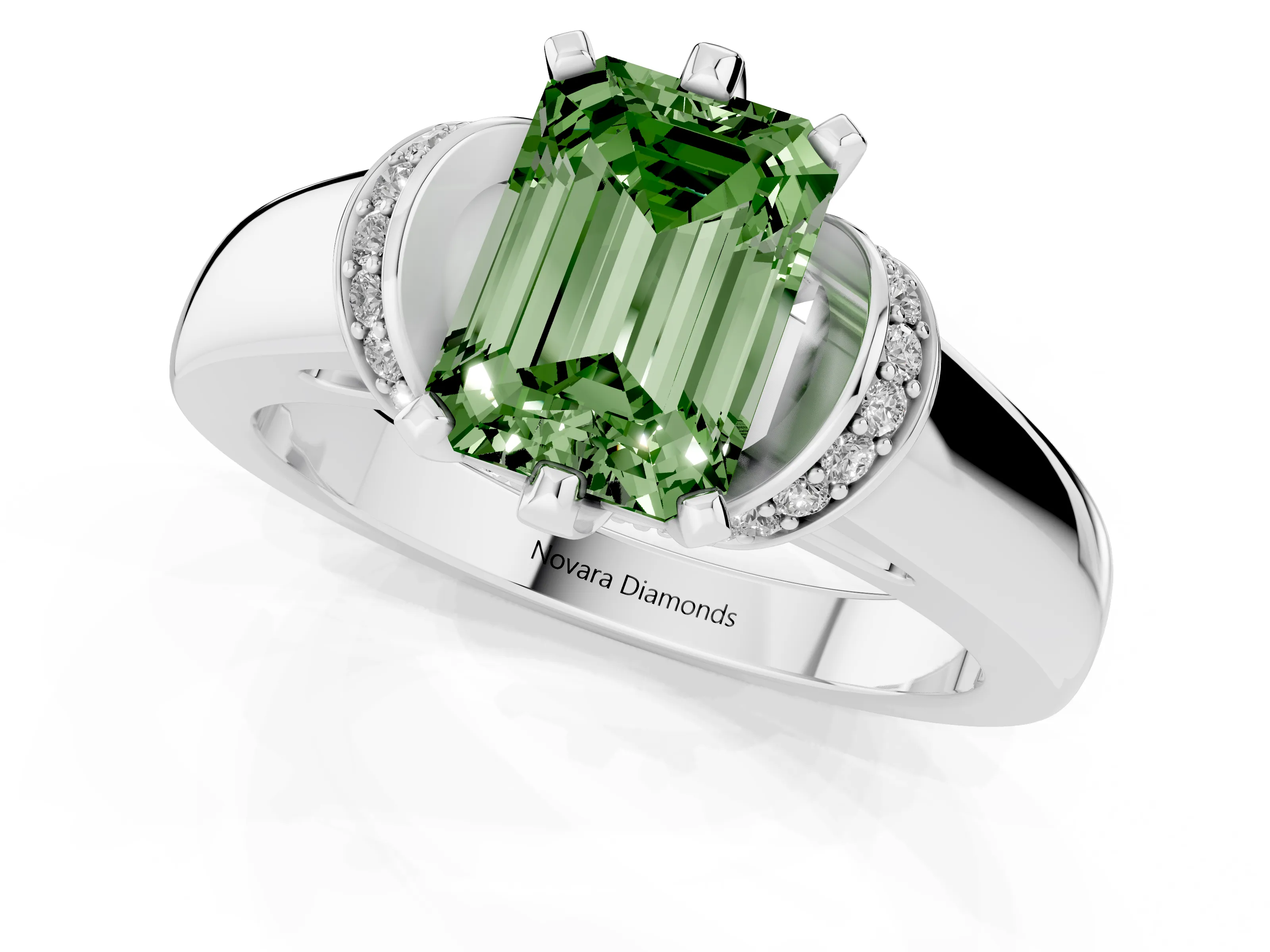 Fancy Green Emerald Cut Diamond Pavé Band Solitaire Ring Set in Platinum with Prong Setting